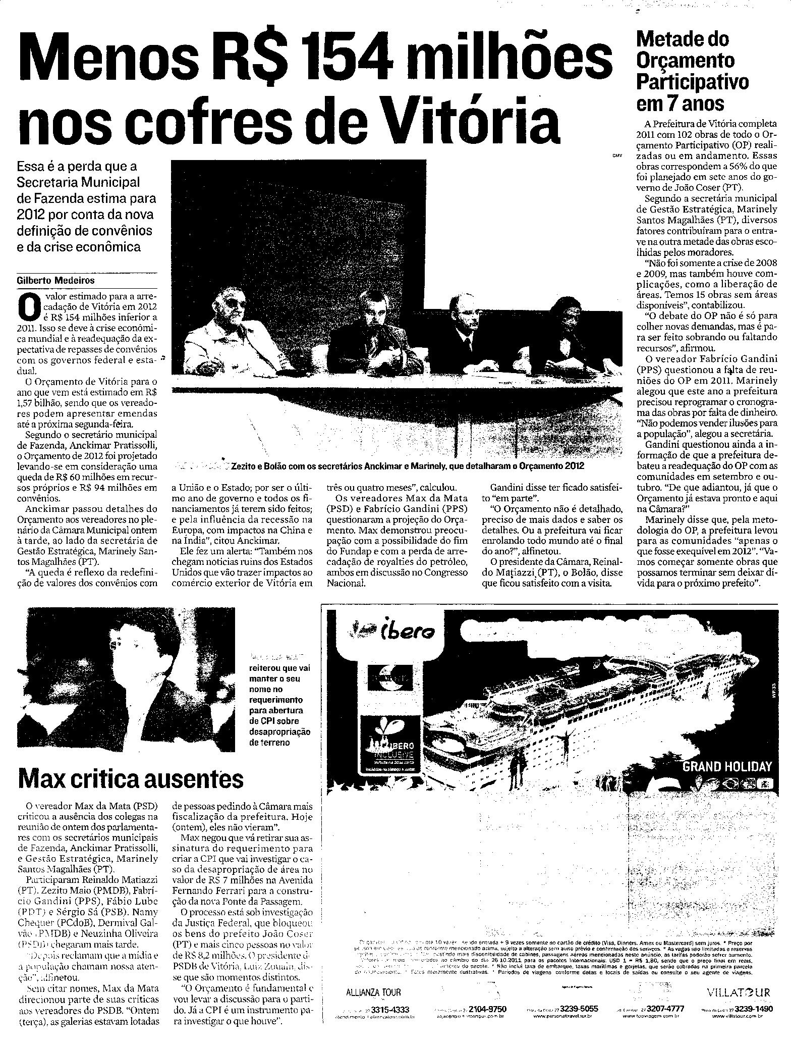 Menos de 154 milhões nos cofres de Vitória
