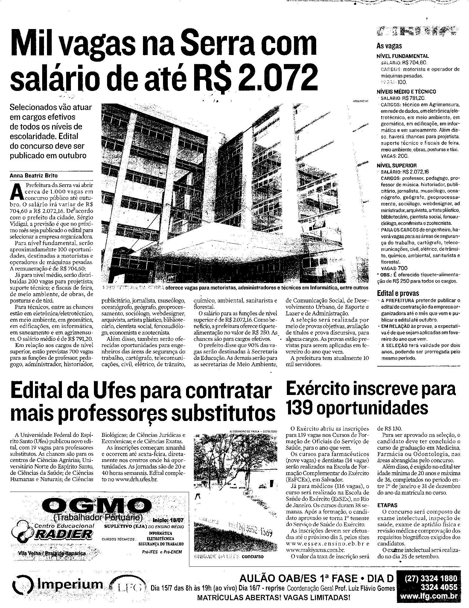 Mil vagas na Serra com salário de até R$ 2.072