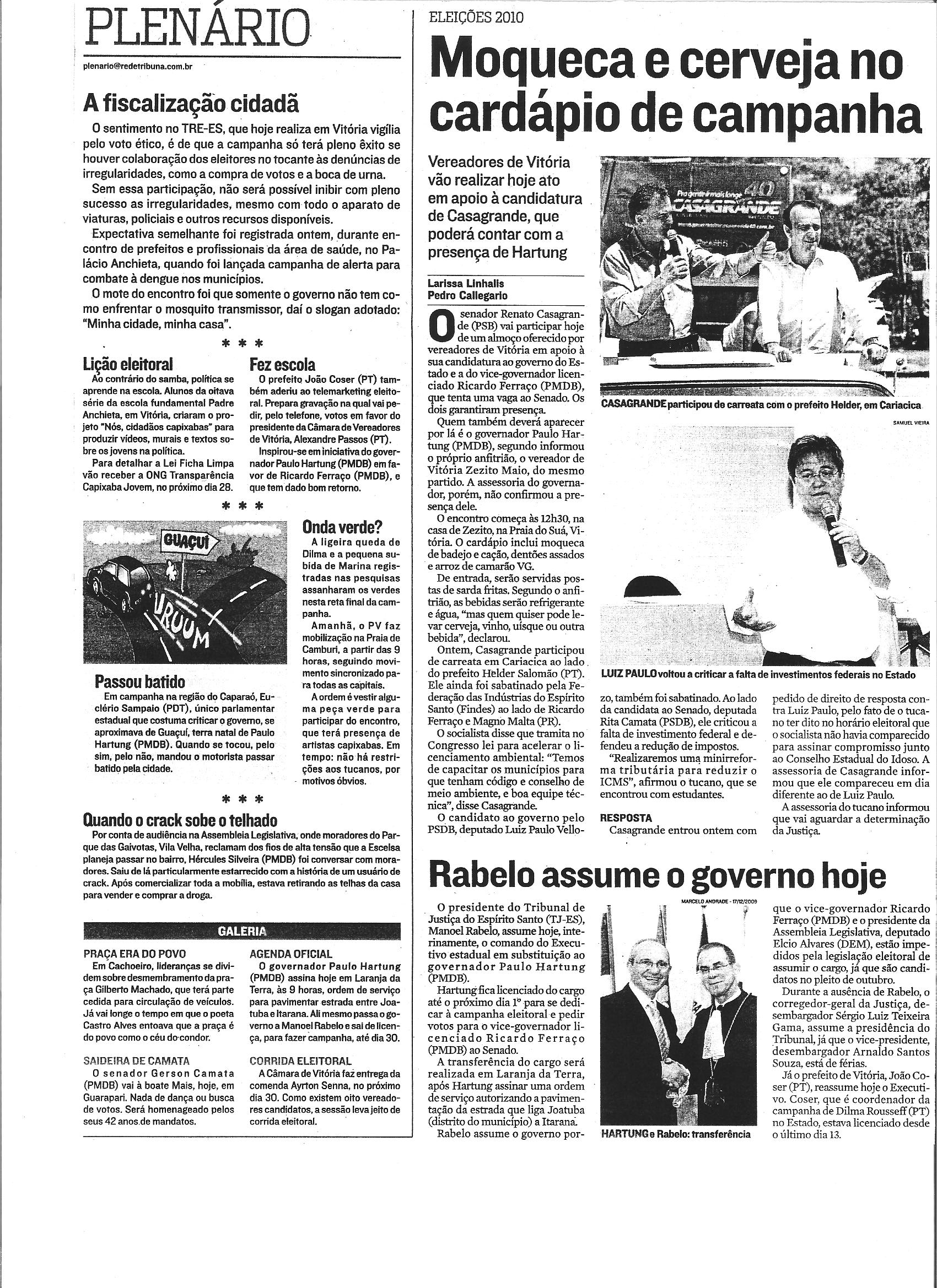 Moqueca e cerveja no cardápio de campanha (Plenário)