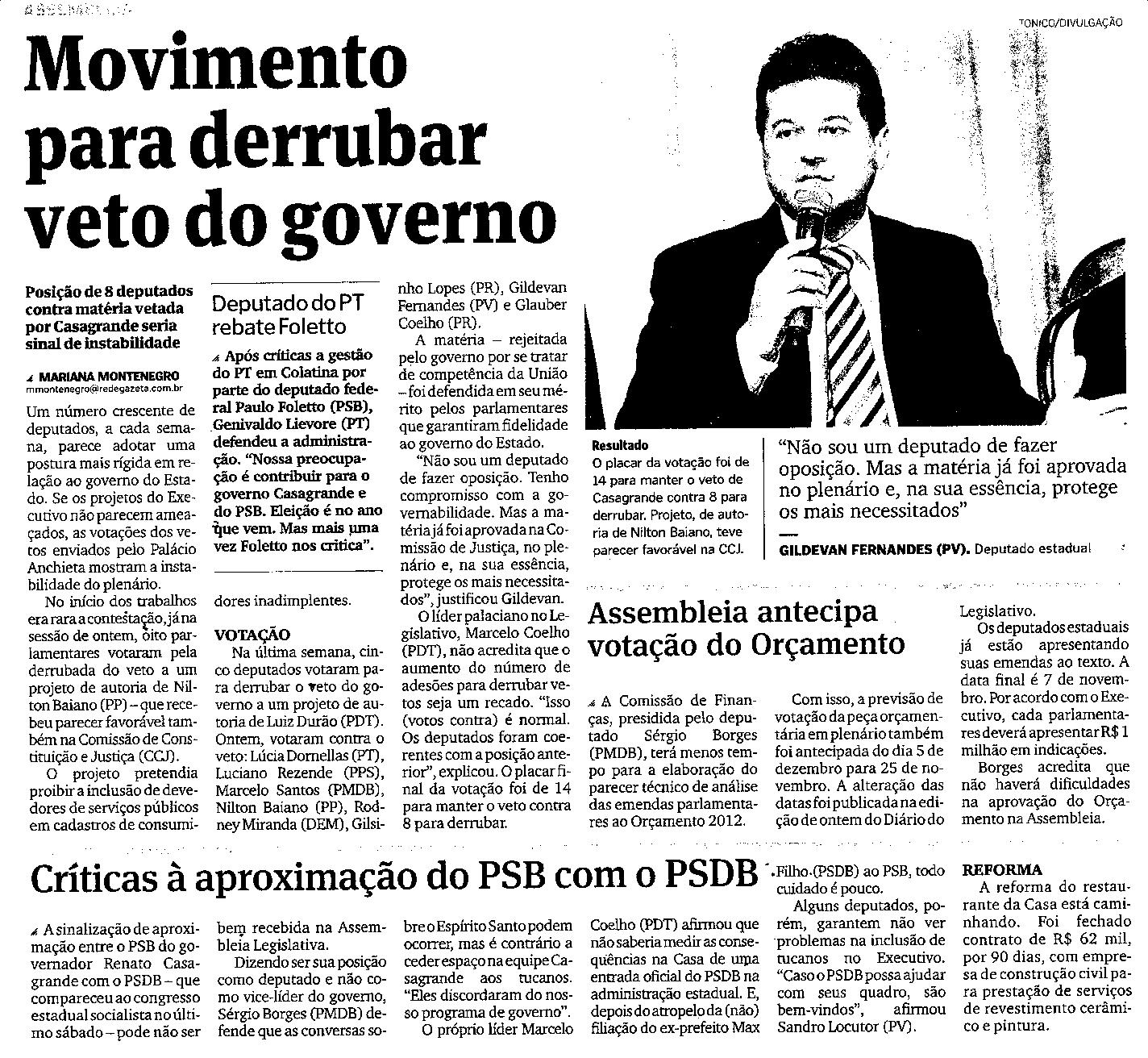 Assembléia - Movimento para derrubar veto do governo