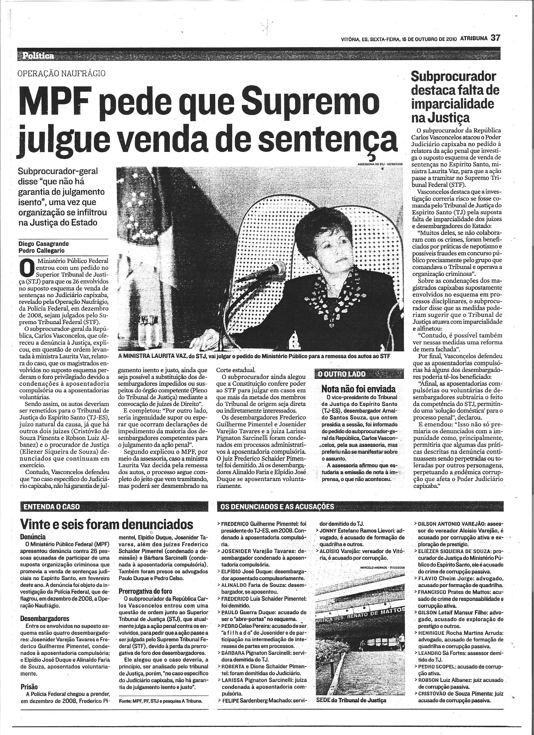 MPF pede que Supremo julgue venda de setença