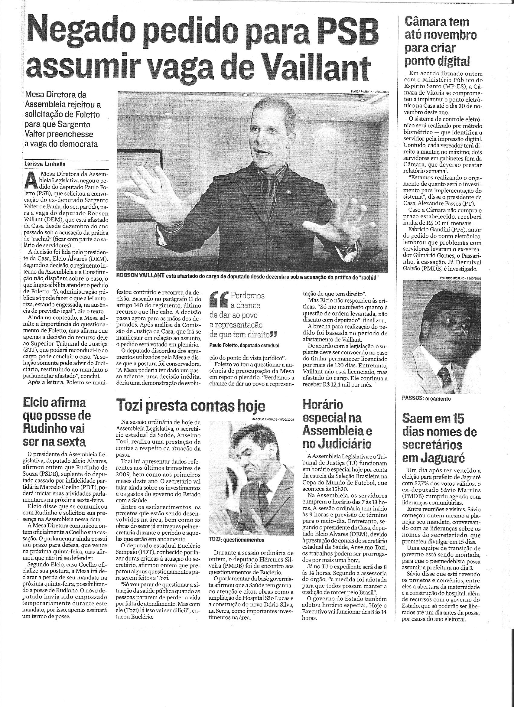Negado pedido para PSB assumir vaga de Vaillant