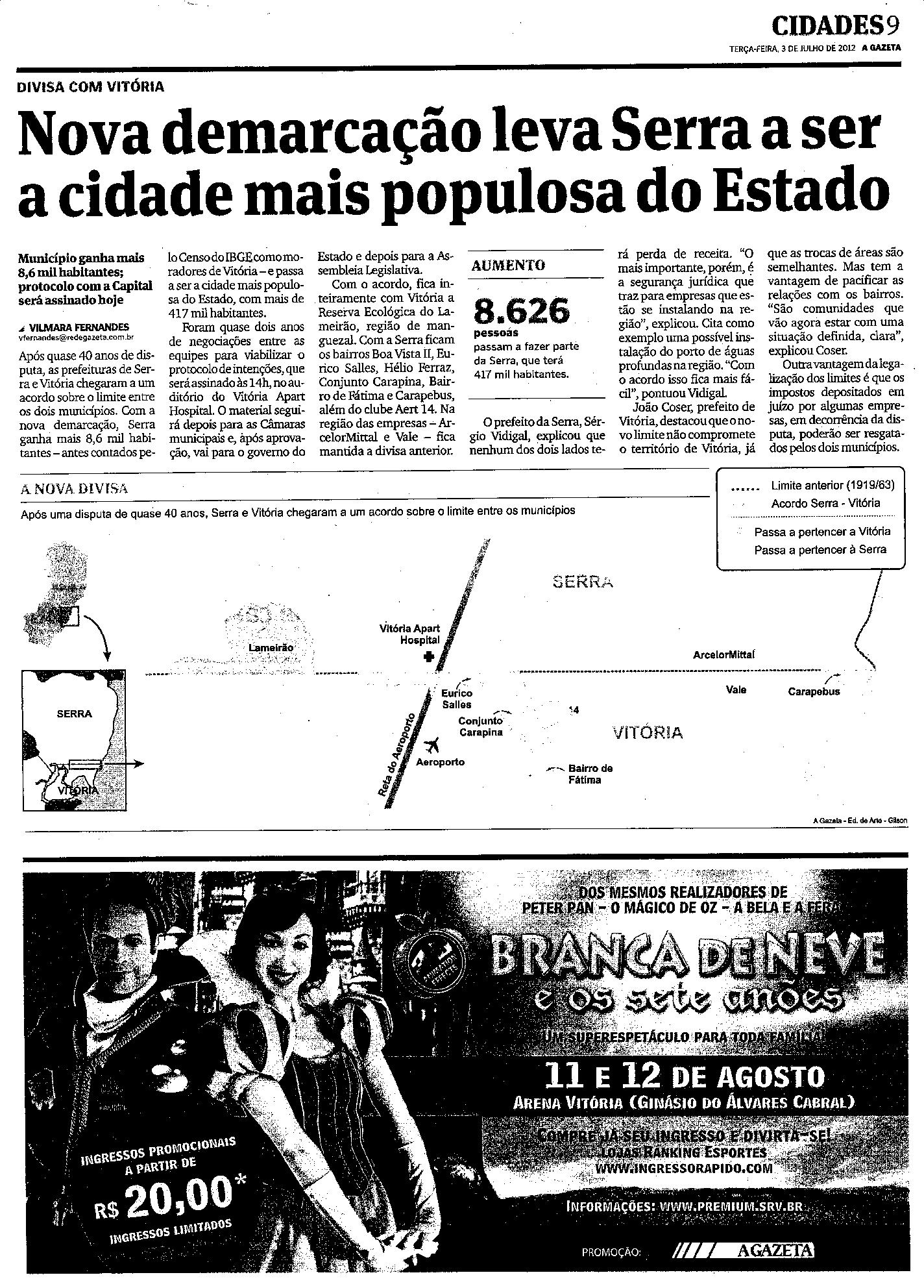 Nova demarcação leva Serra a ser a cidade mais populosa do estado