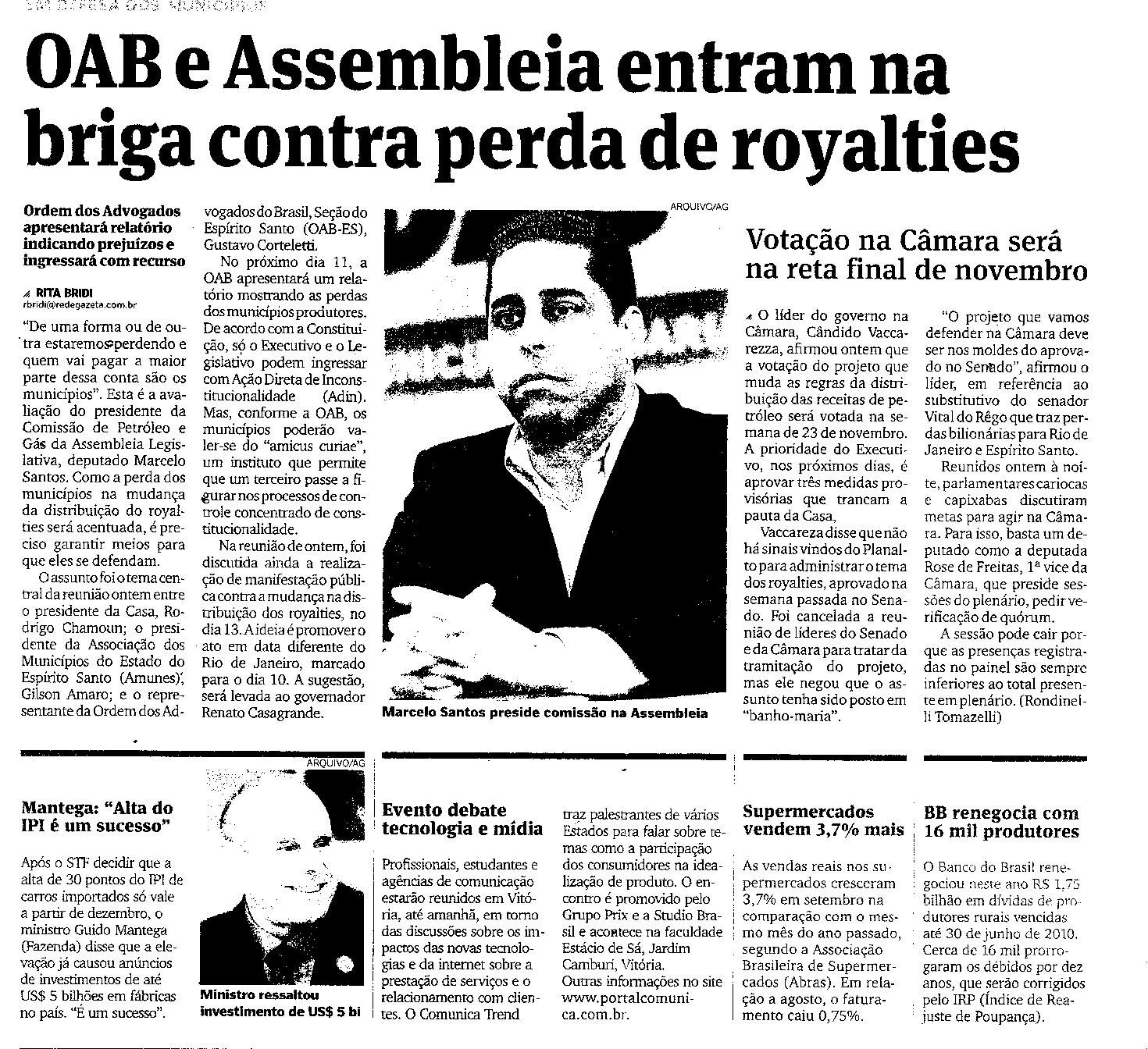 OAB e Assembléia entram na briga contra perda de royalties