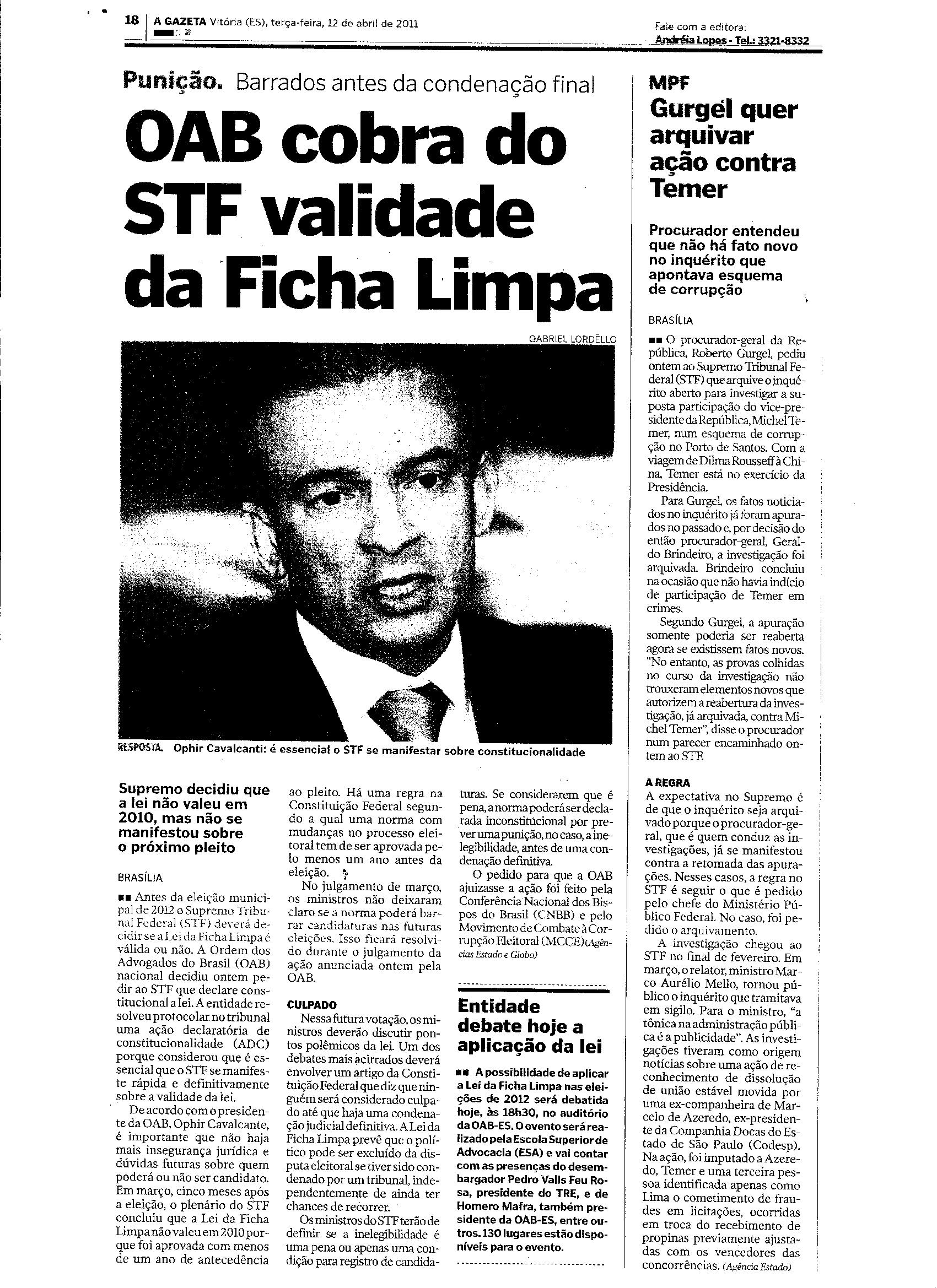 OAB cobra do STF validade da ficha limpa