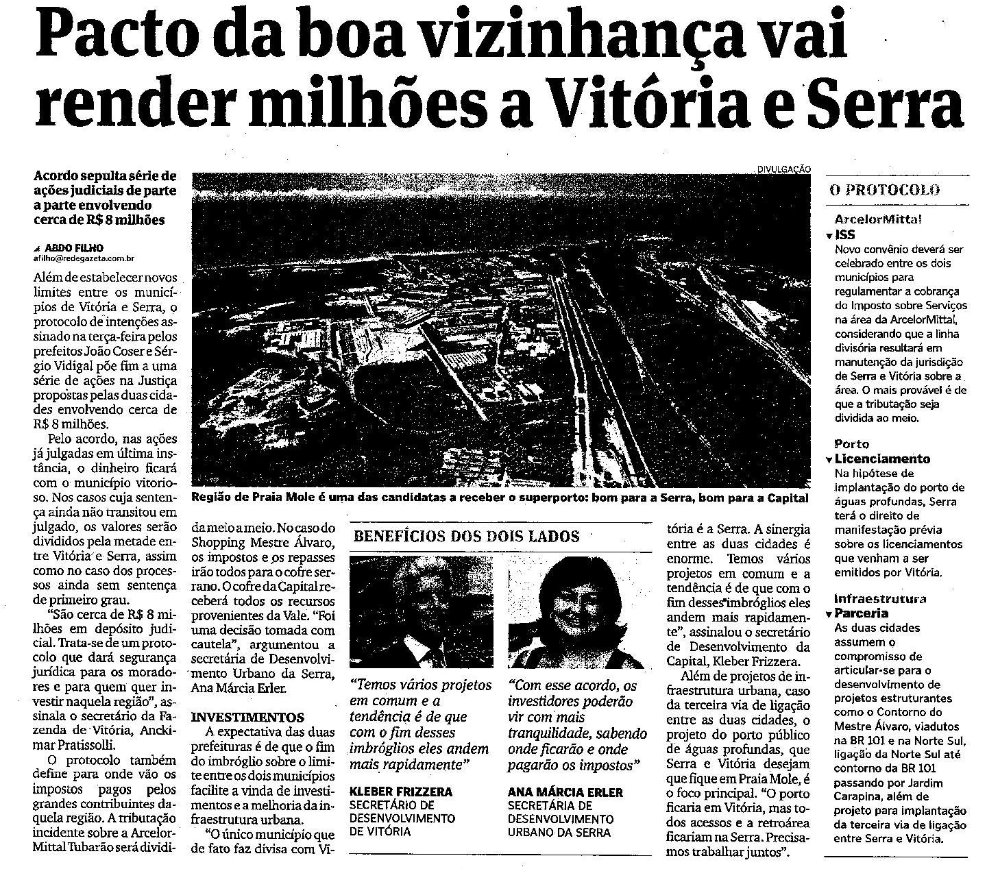 Pacto da boa vizinhança vai render milhões a Vitória e Serra