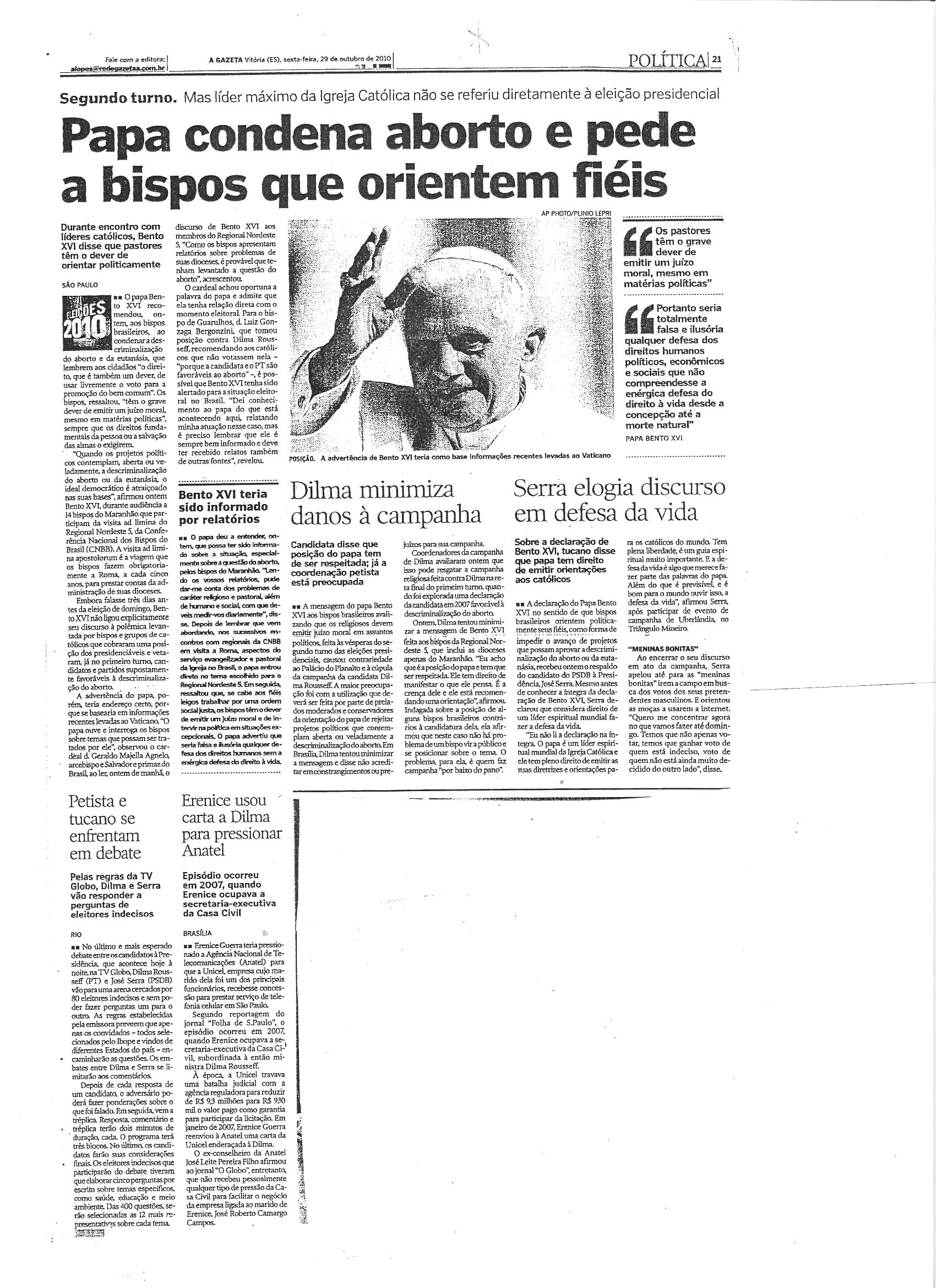 Papa condena aborto e pede a bispos que orientem fiéis