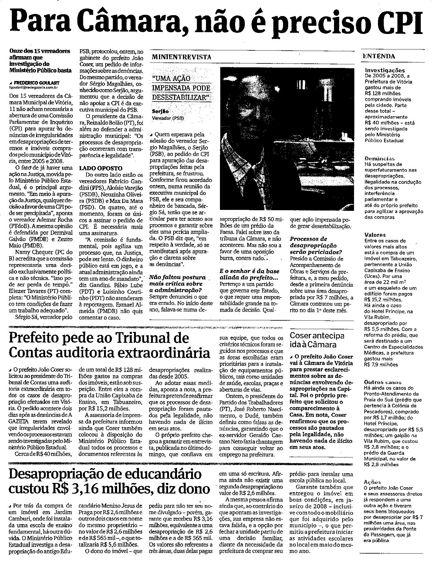 Desapropriações em Vitória - Para a Câmara, não é preciso CPI