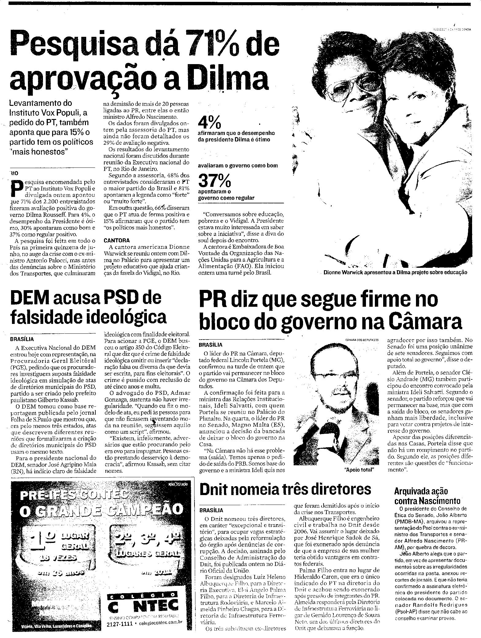 Pesquisa dá 71% de aprovação a Dilma