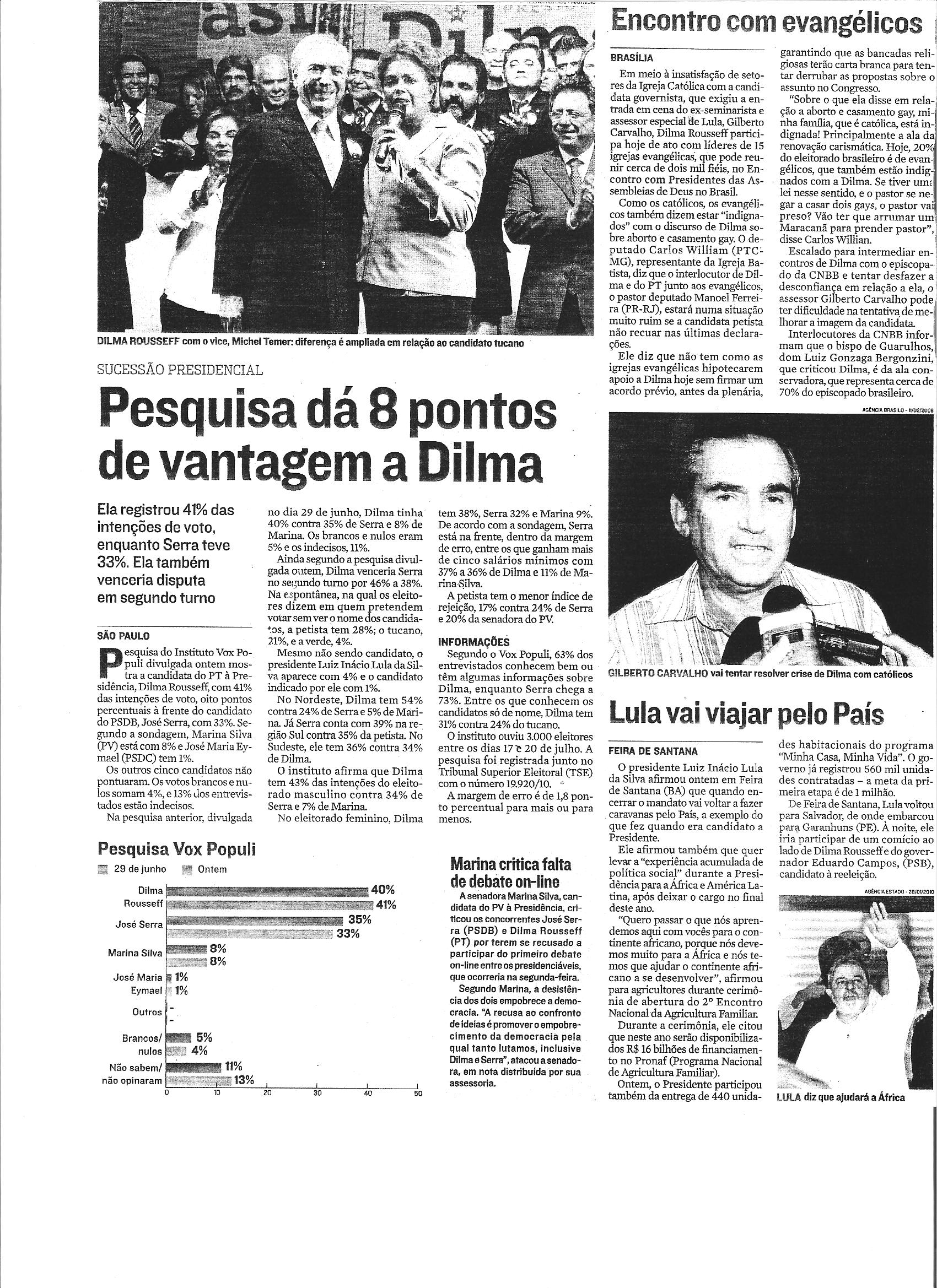 Pesquisa dá 8 pontos de vantagem a Dilma