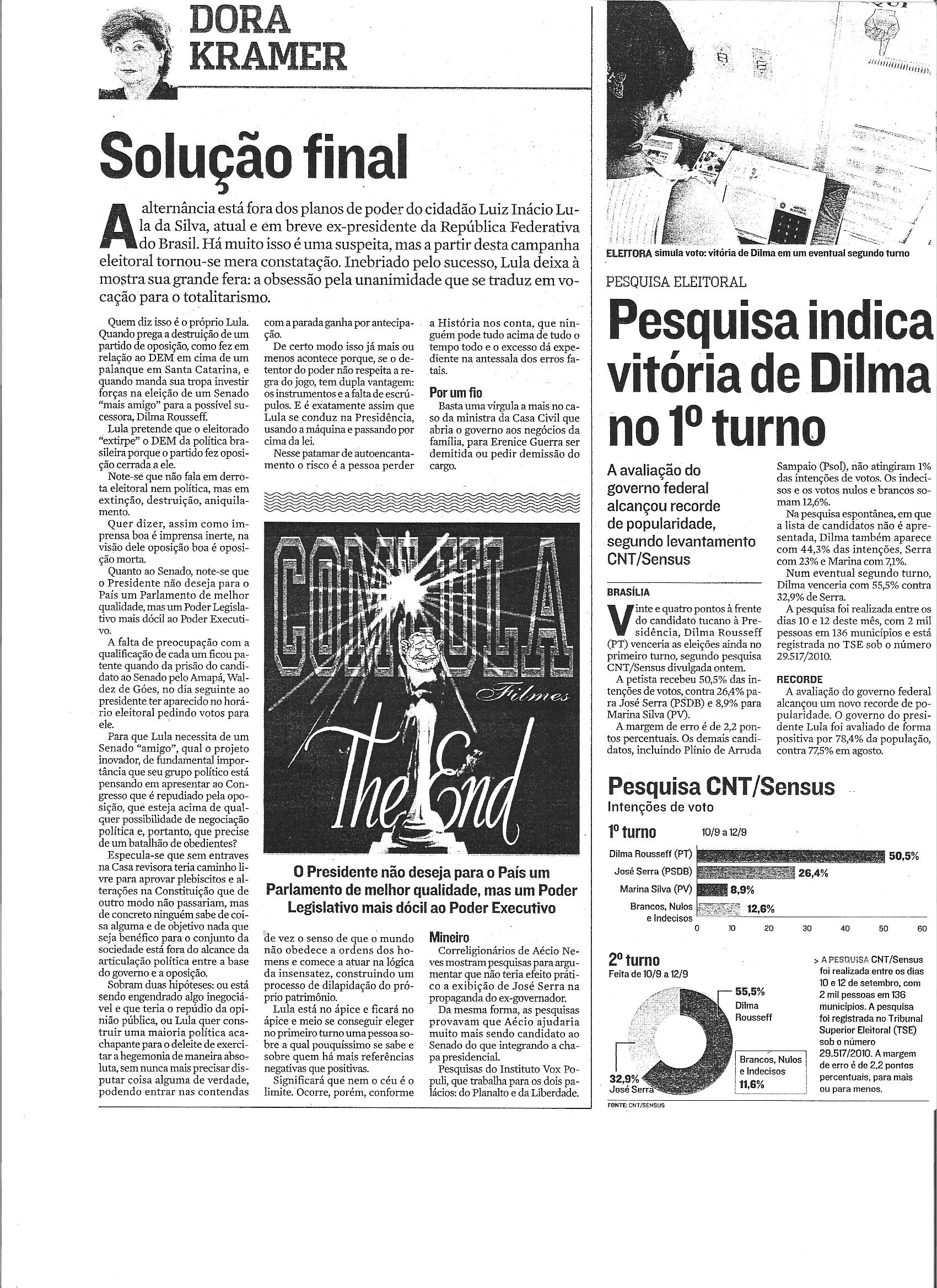 Pesquisa indica vitória de Dilma no 1º turno