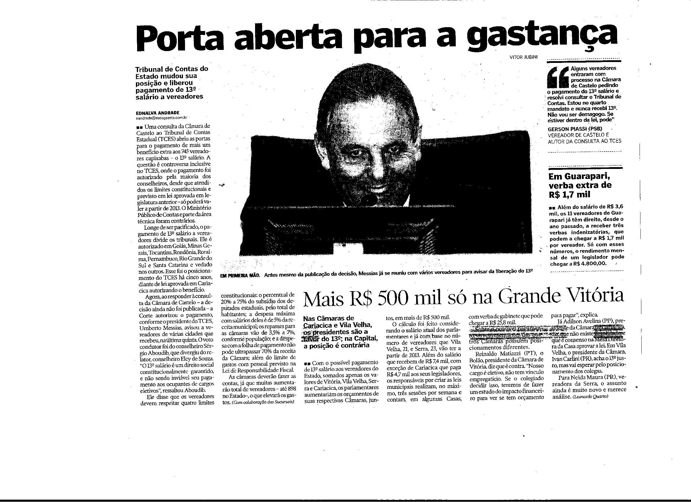 Tribunal de Contas do ES liberou pagamento de13º salário a vereadores
