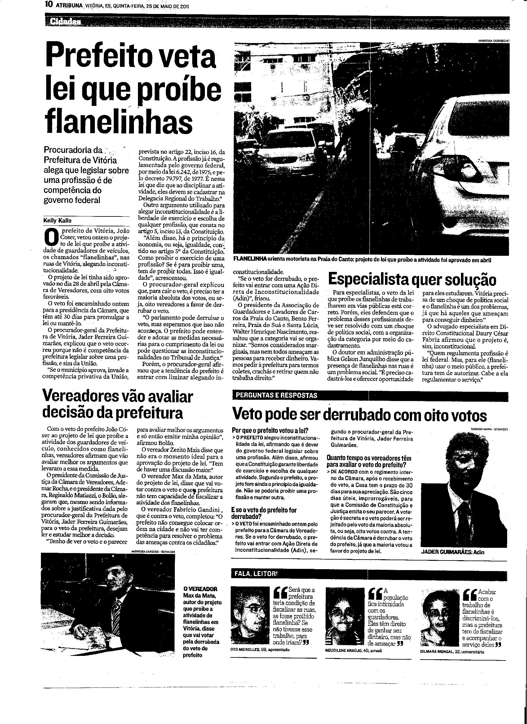 Prefeito de Vitória veta lei que proíbe flanelinhas