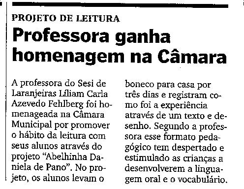 Projeto de Leitura - Professora ganha homenagem na câmara da Serra