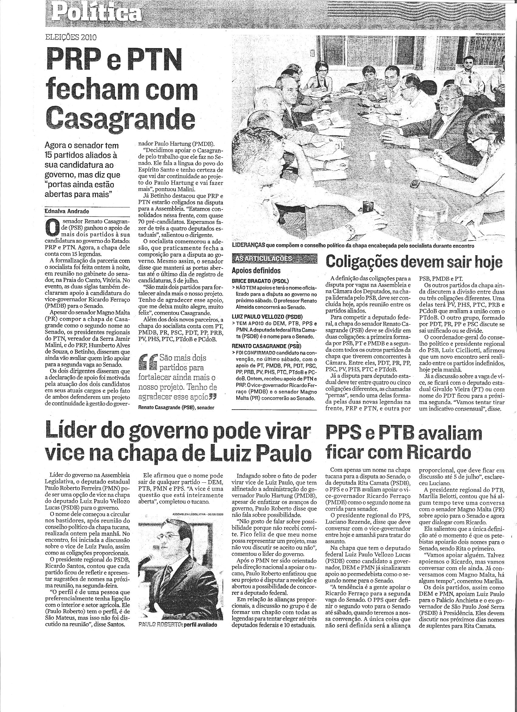 PRP e PTN fecham com Casagrande