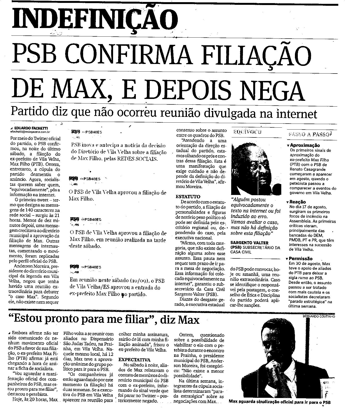PSB confirma filiação de Max, e depois nega