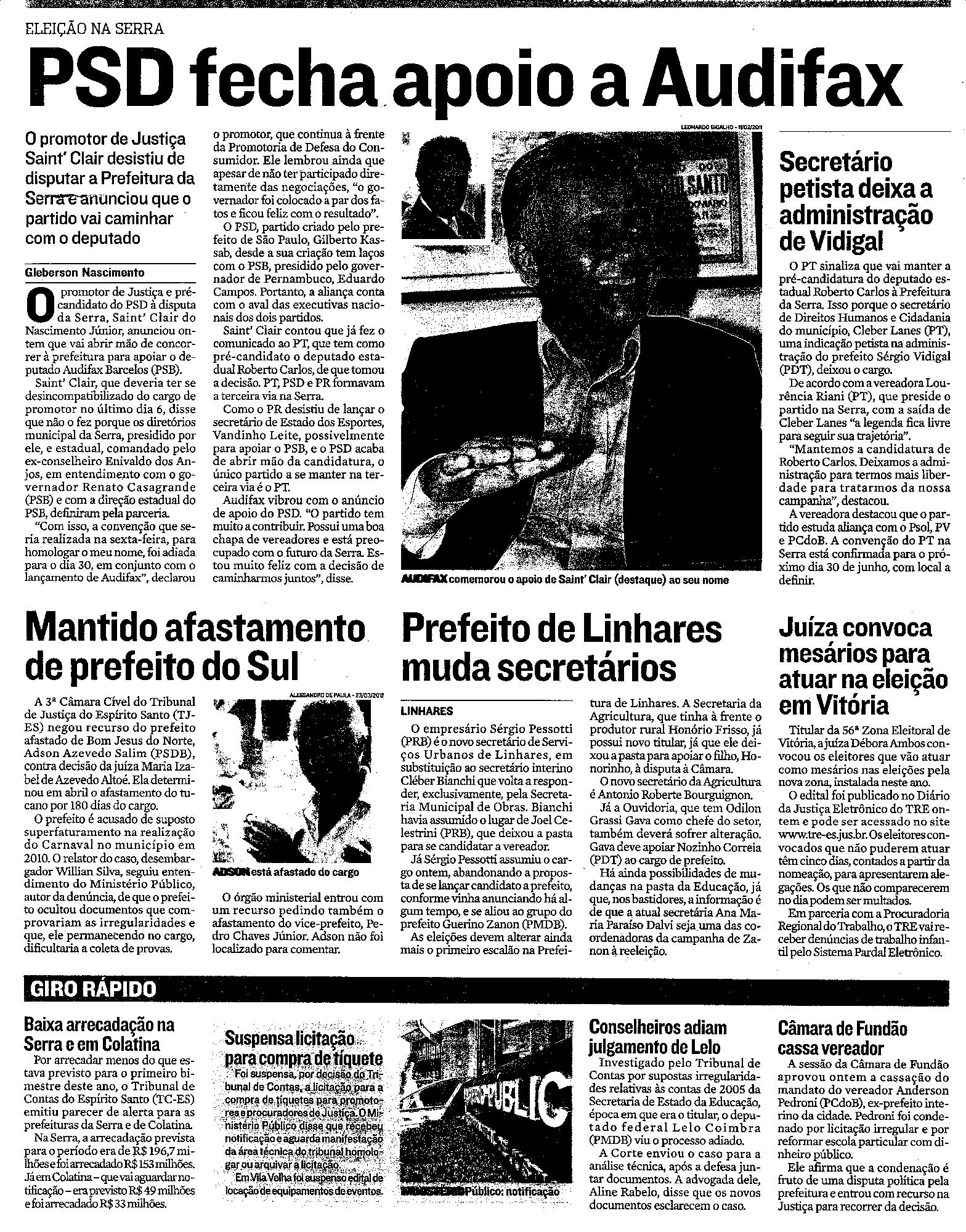 Eleição na Serra - PSD fecha apoio a Audifax