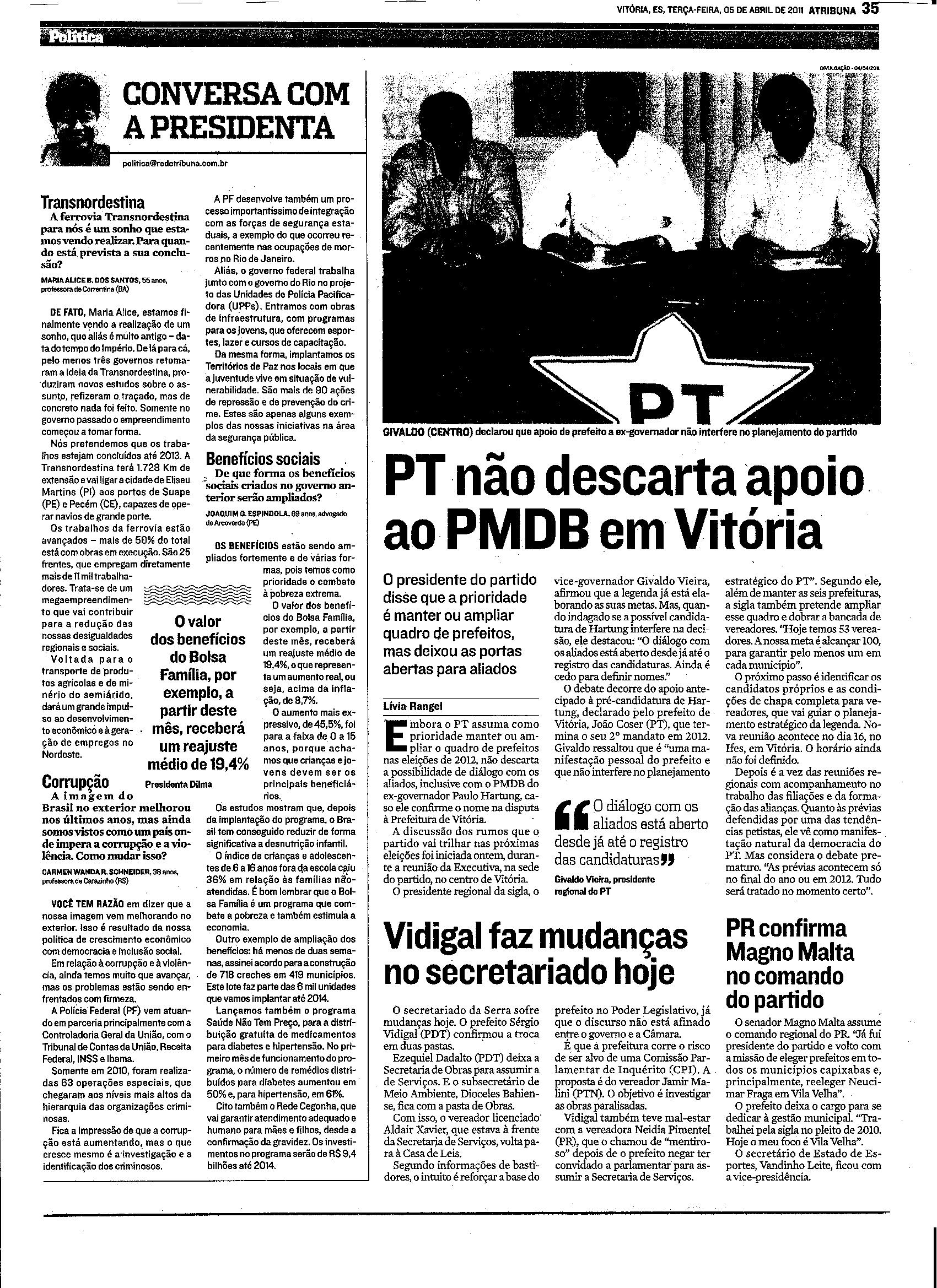 PT não descarta apoio ao PMDB em Vitória 