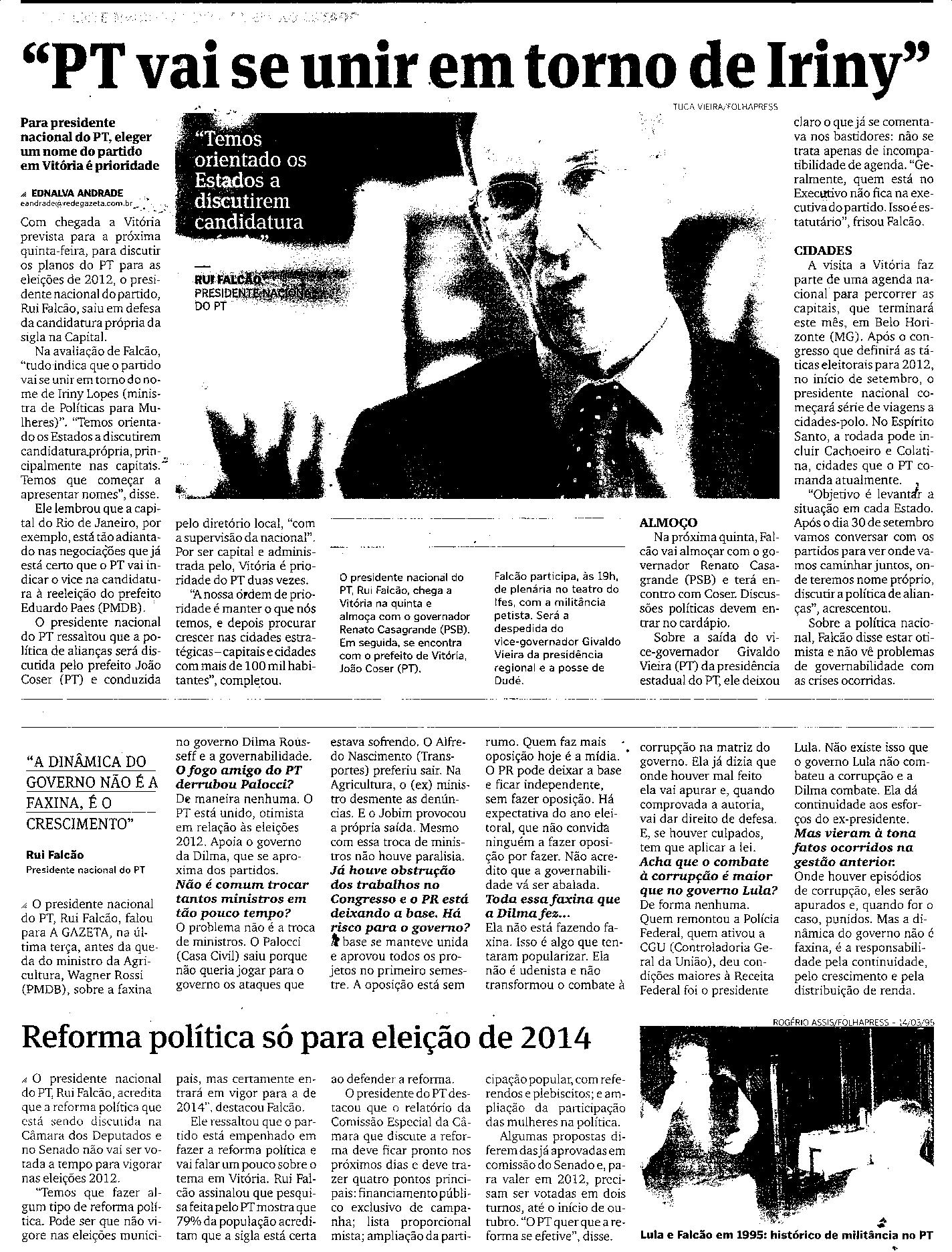 Pt vai se unir em torno de Iriny