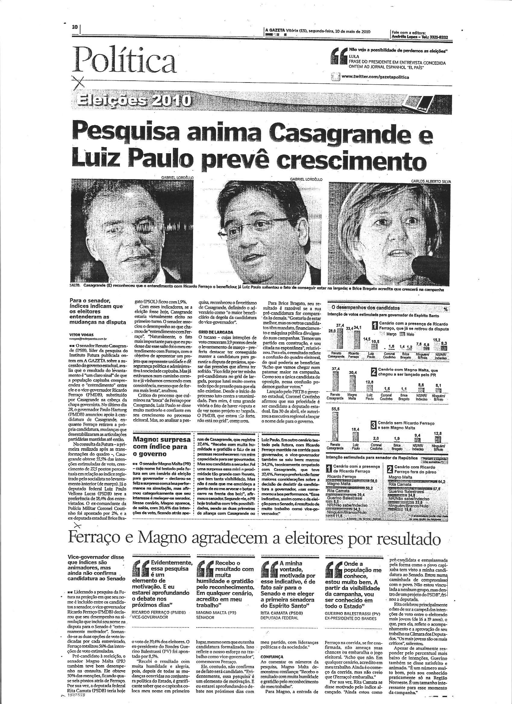 Pesquisa anima Casagrande e Luiz Paulo prevê crescimento
