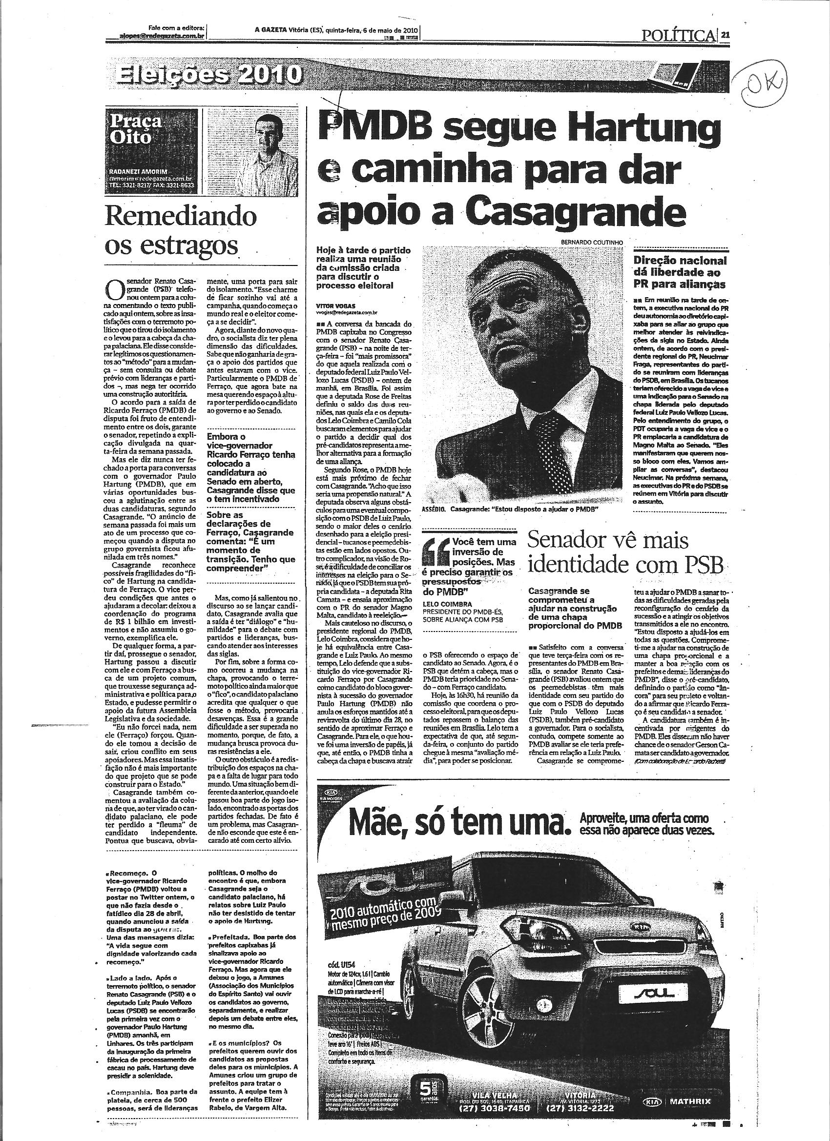 PMDB segue Hartung e caminha para dar apoio a Casagrande