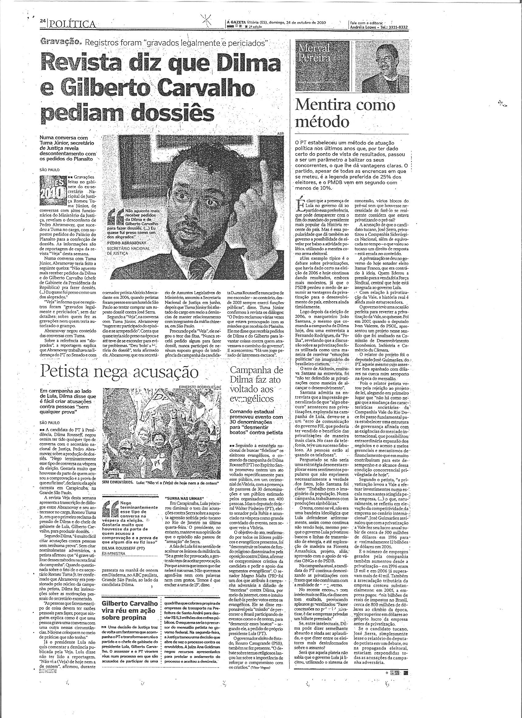 Revista diz que Dilma e Gilberto Carvalho pediam dossiês