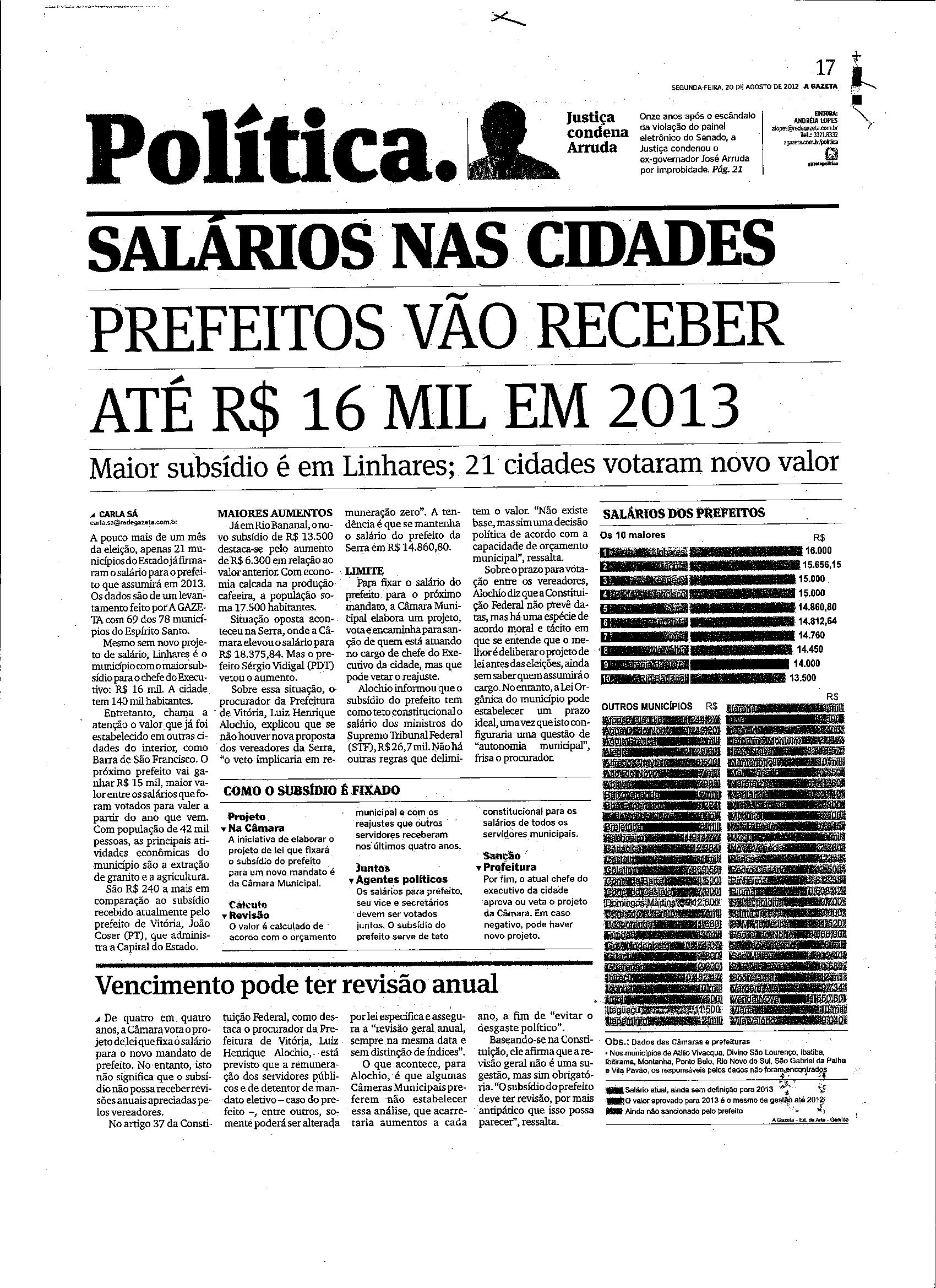 Salários nas cidades: Prefeitos vão receber até R$ 16 mil em 2013
