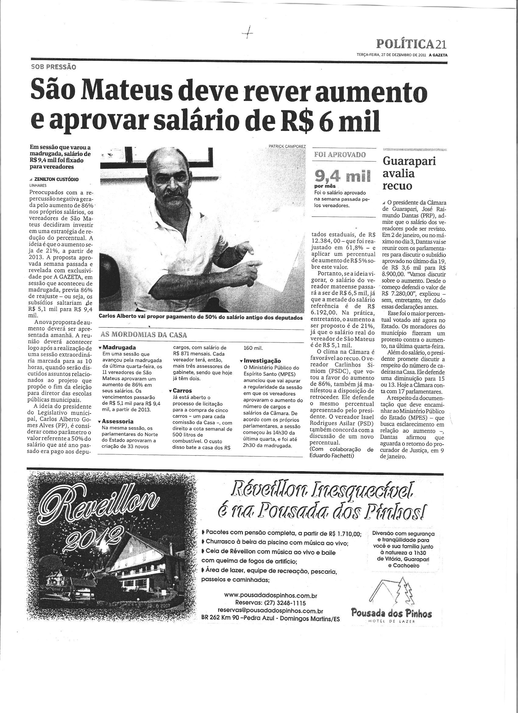 São Mateus deve rever aumento e aprovar salário de R$ 6 mil