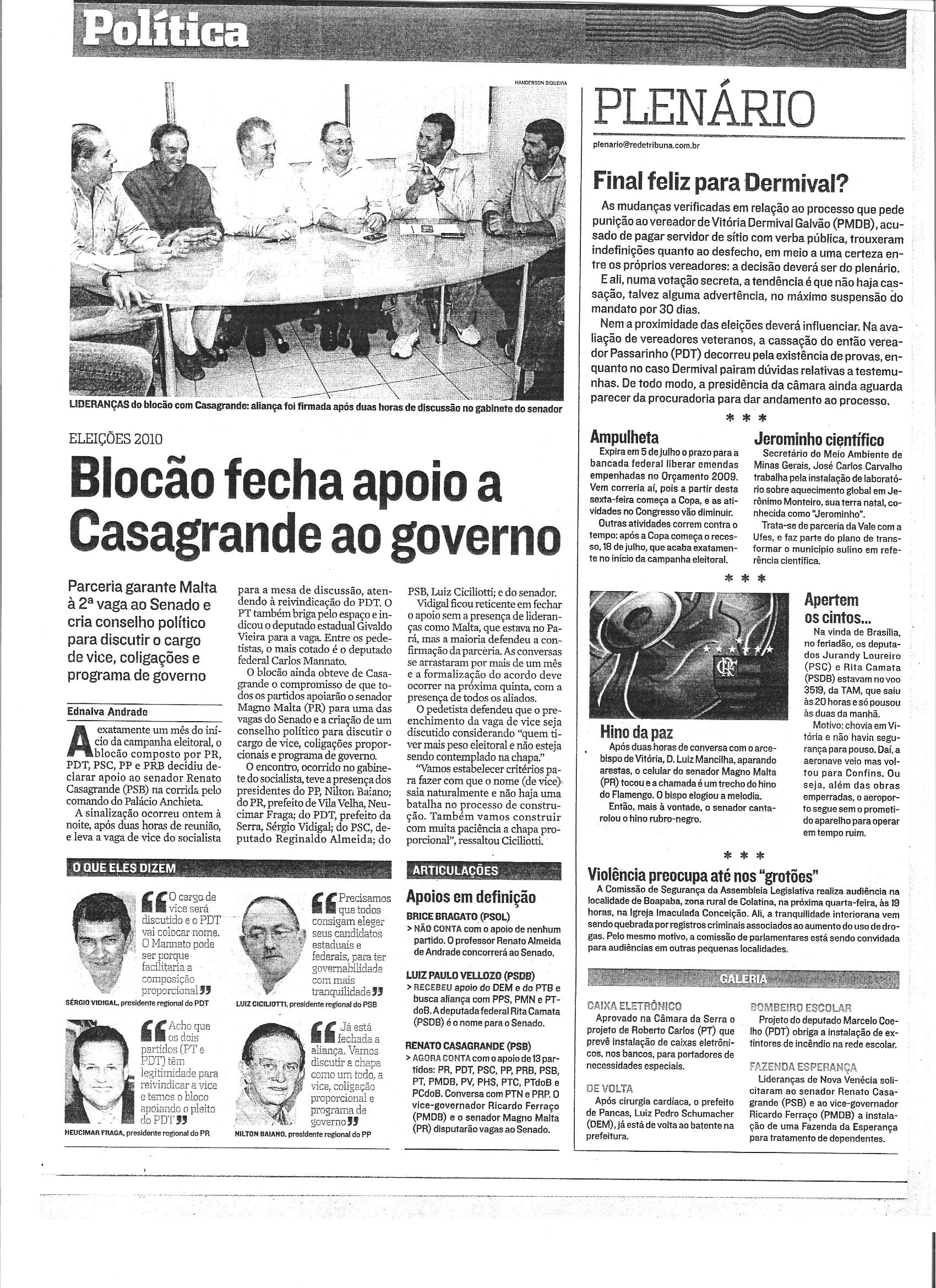 Blocão fecha apoio a Casagrande ao governo