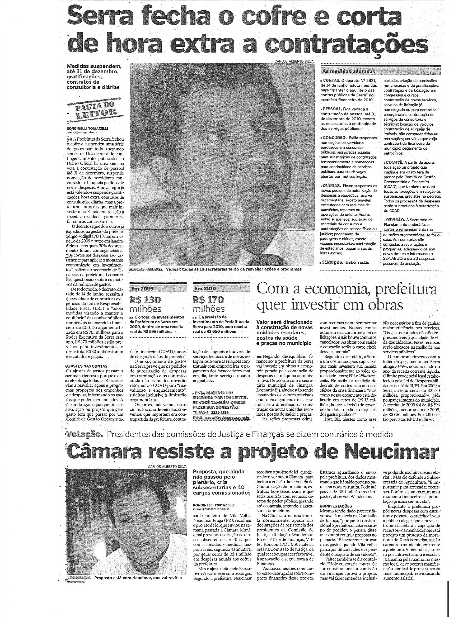 Medidas suspendem até 31 de dezembro gratificações e contratos na Prefeitura da Serra
