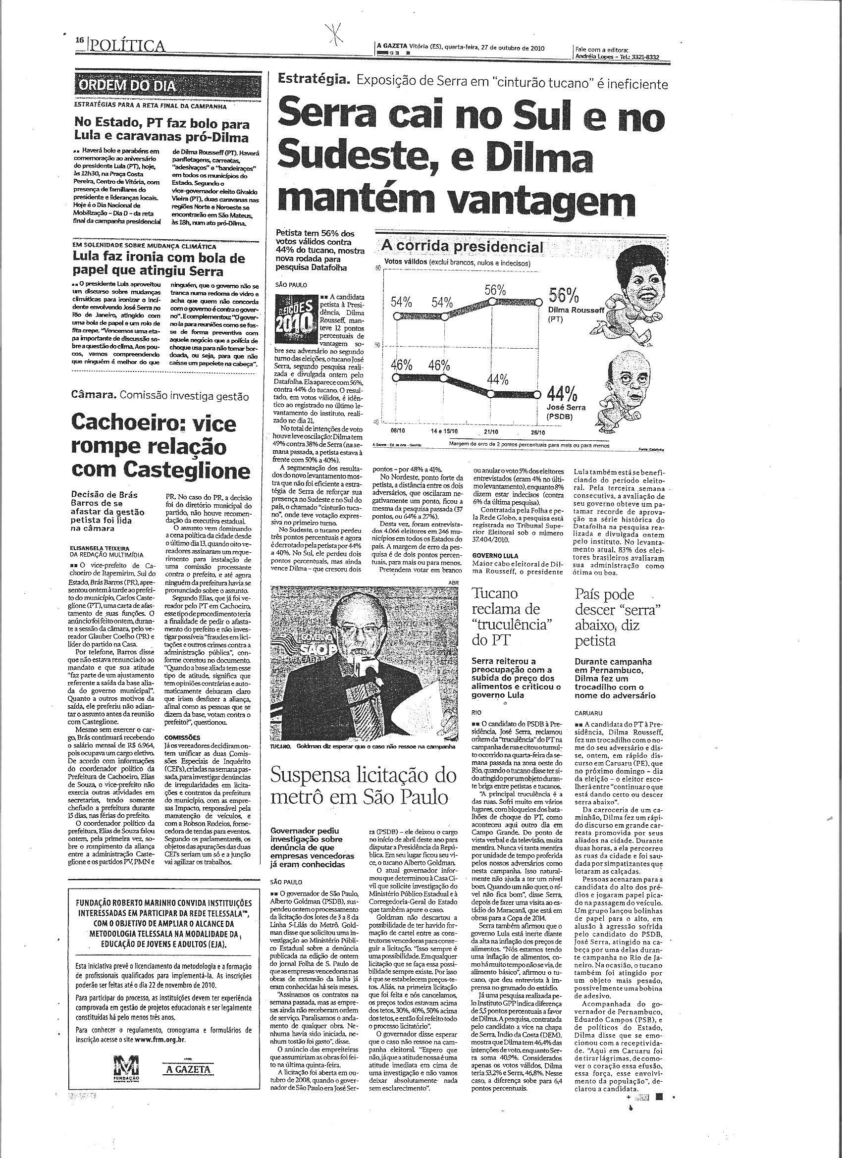 Serra cai no Sul e no Sudeste, e Dilma mantém vantagem