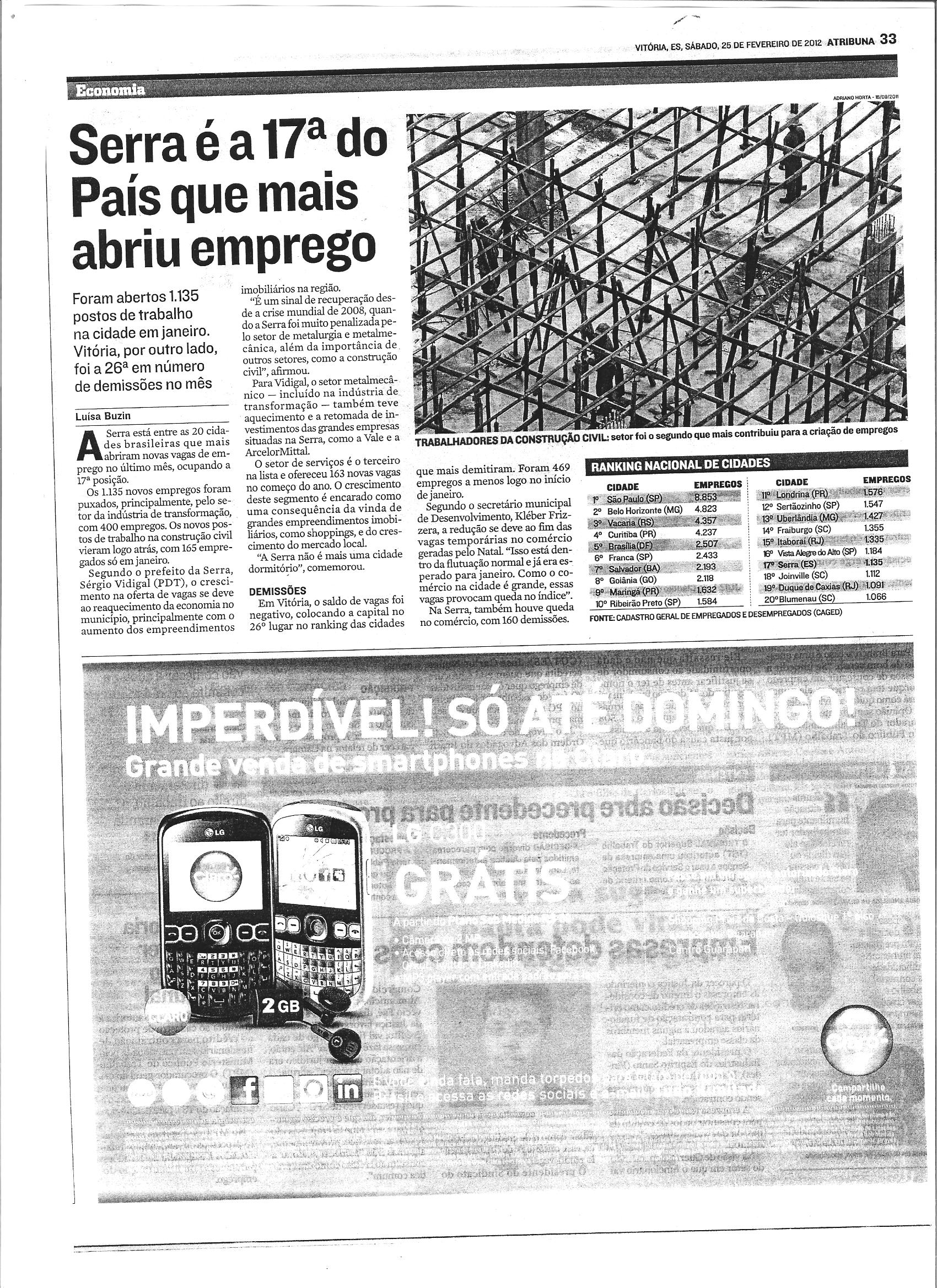 Serra é a 17ª do País que mais abriu emprego