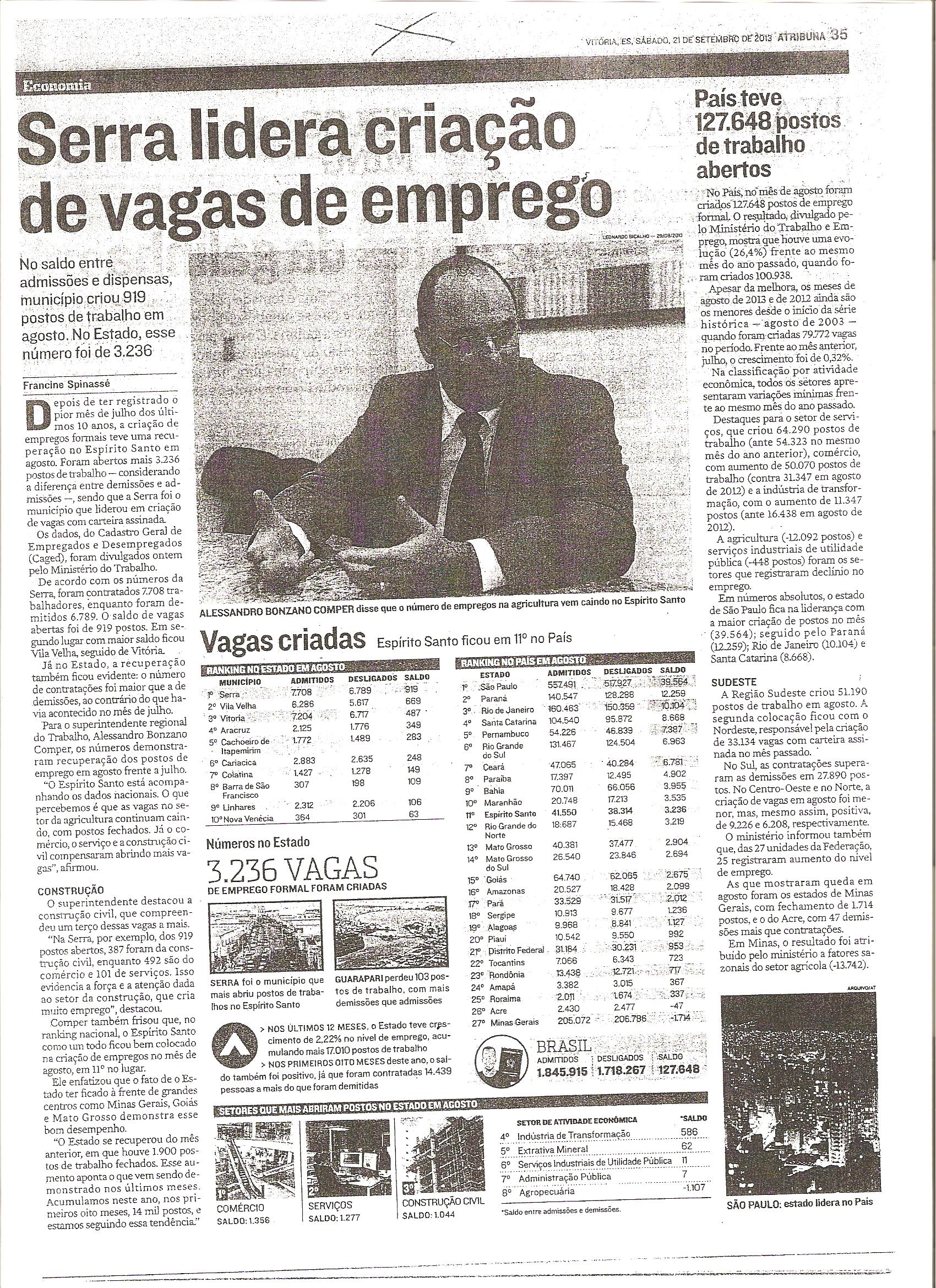 Serra lidera criação de vagas de emprego