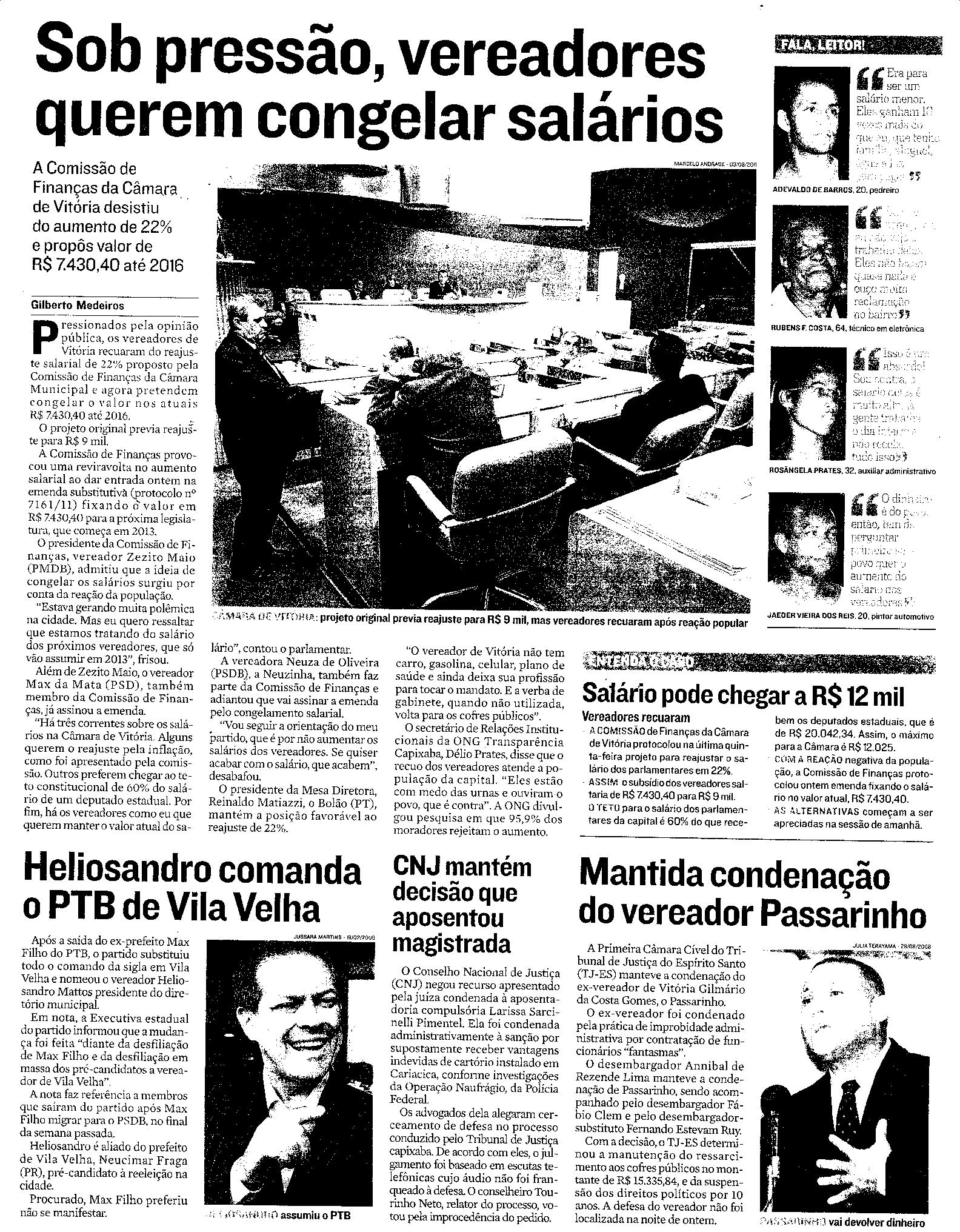 Sob pressão, vereadores de Vitória querem congelar salários