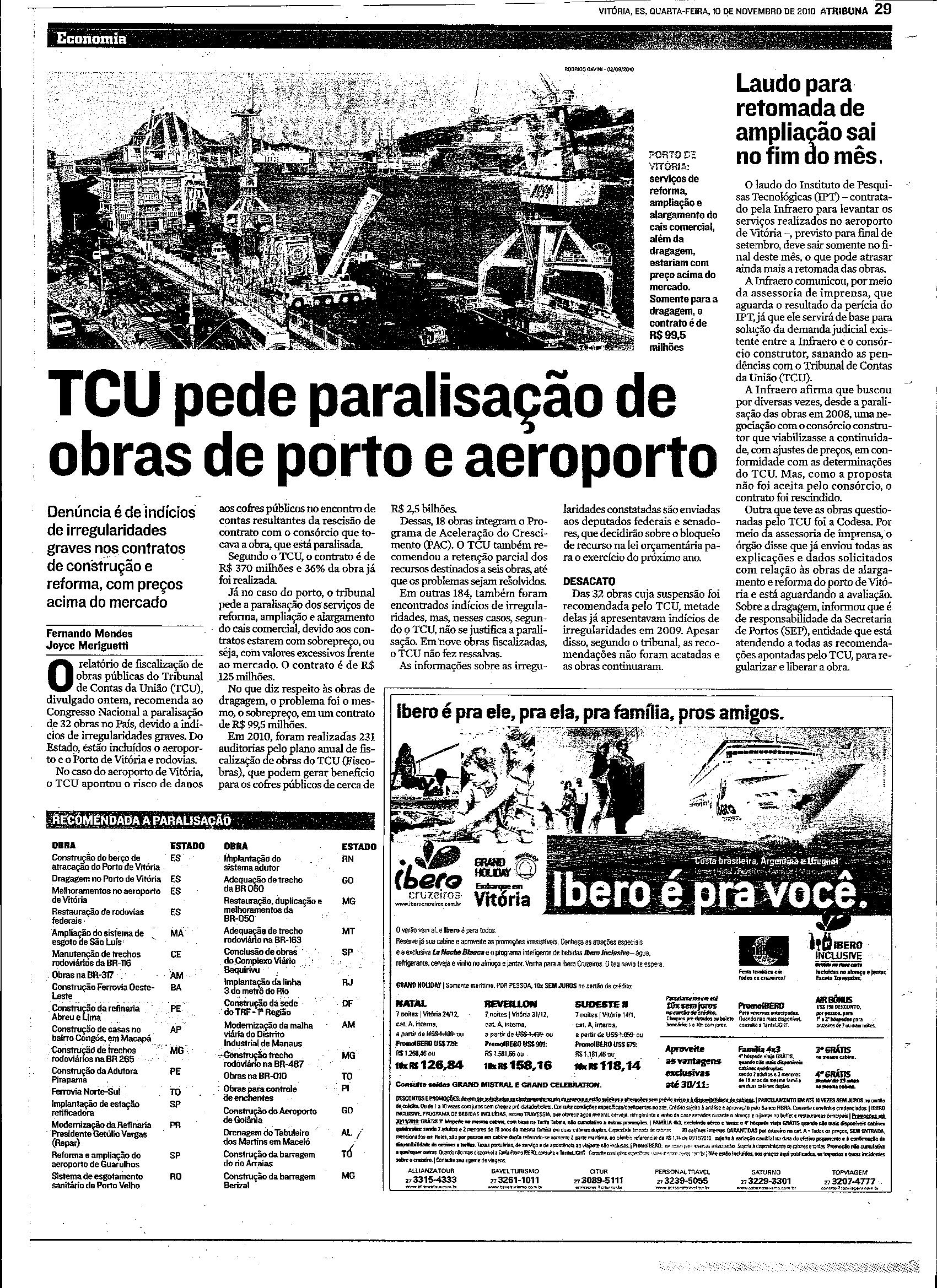 Tribunal de Contas da União pede paralisação de obras do porto e aeroporto