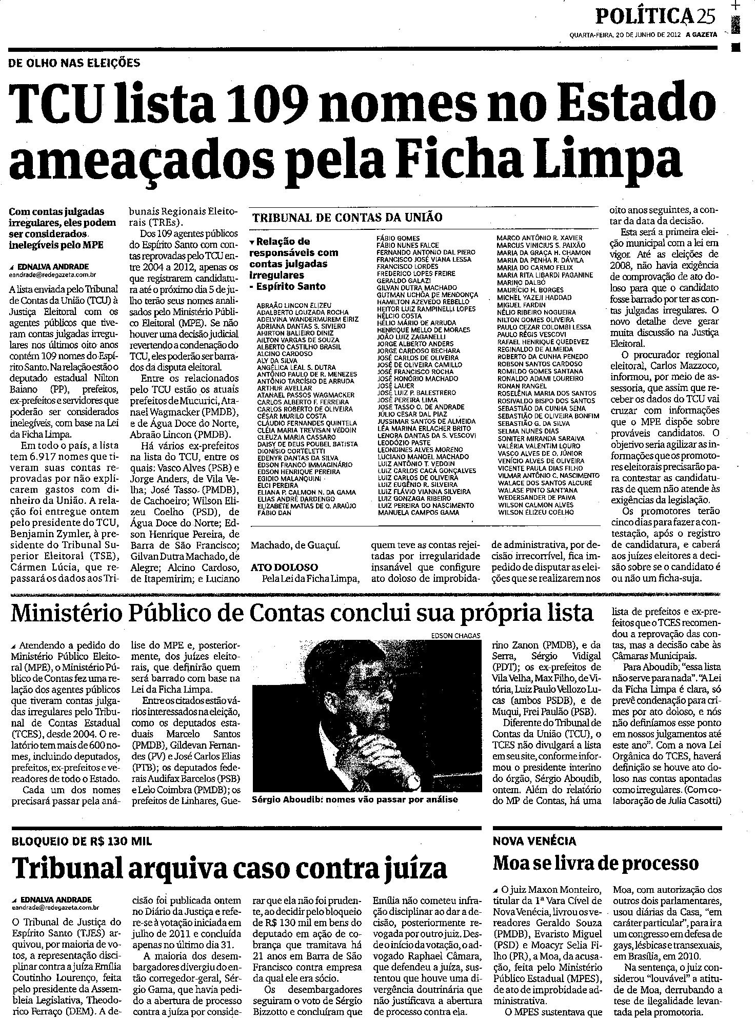 TCU lista 109 nomes no estado ameaçados pela Ficha Limpa