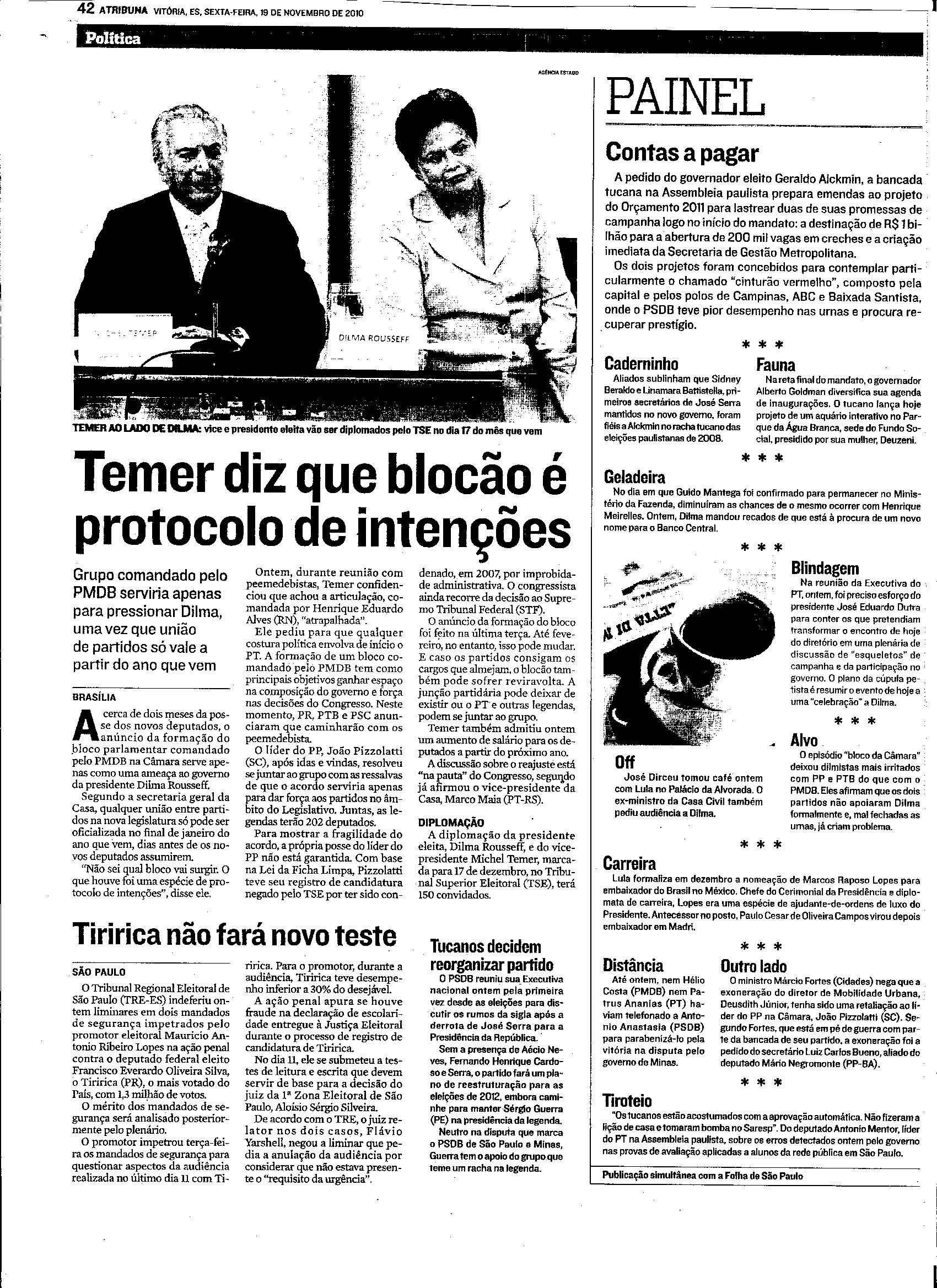 Temer diz que blocão é protocolo de intenções
