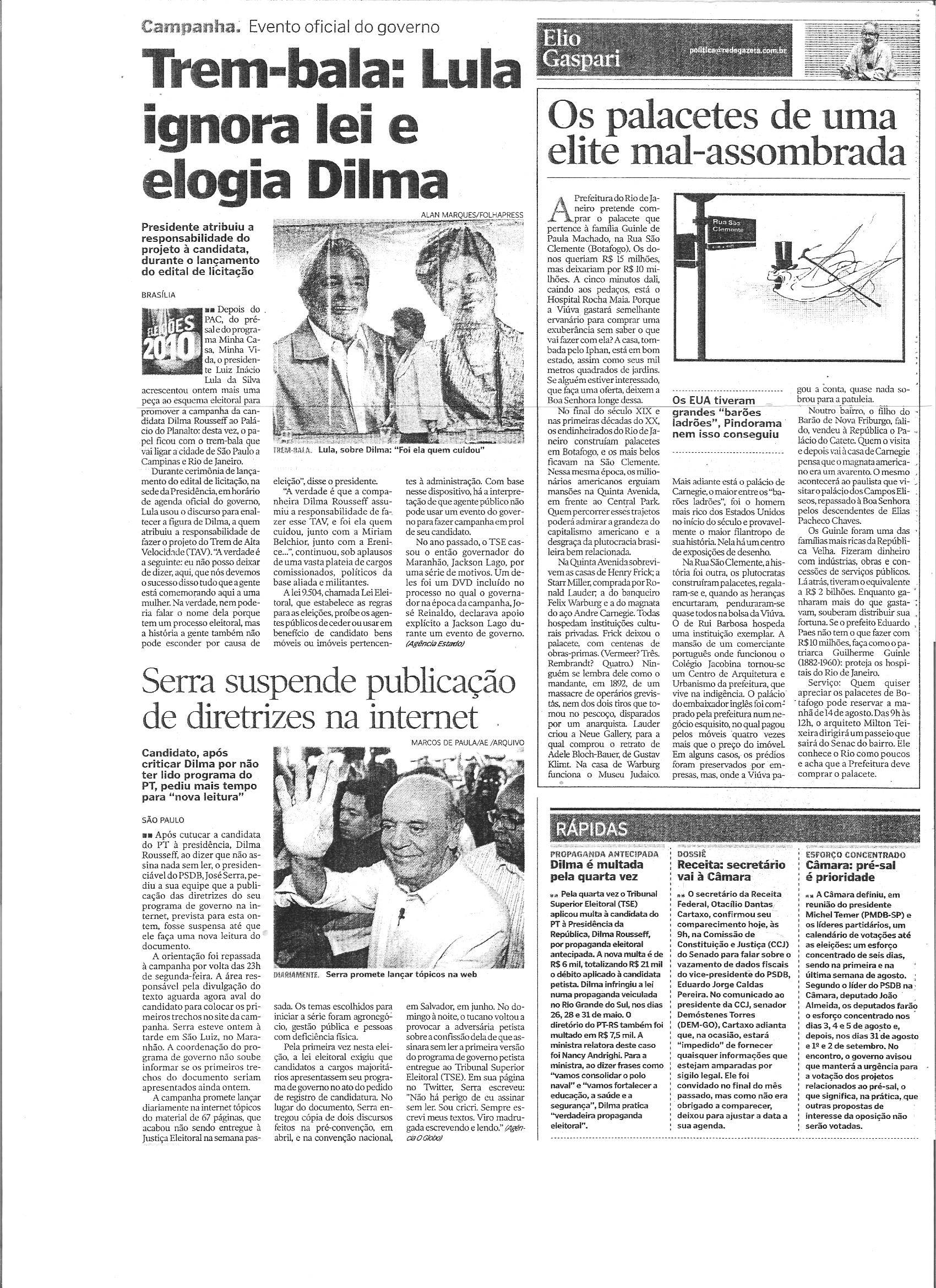 Trem-bala: Lula ignora lei e elogia Dilma