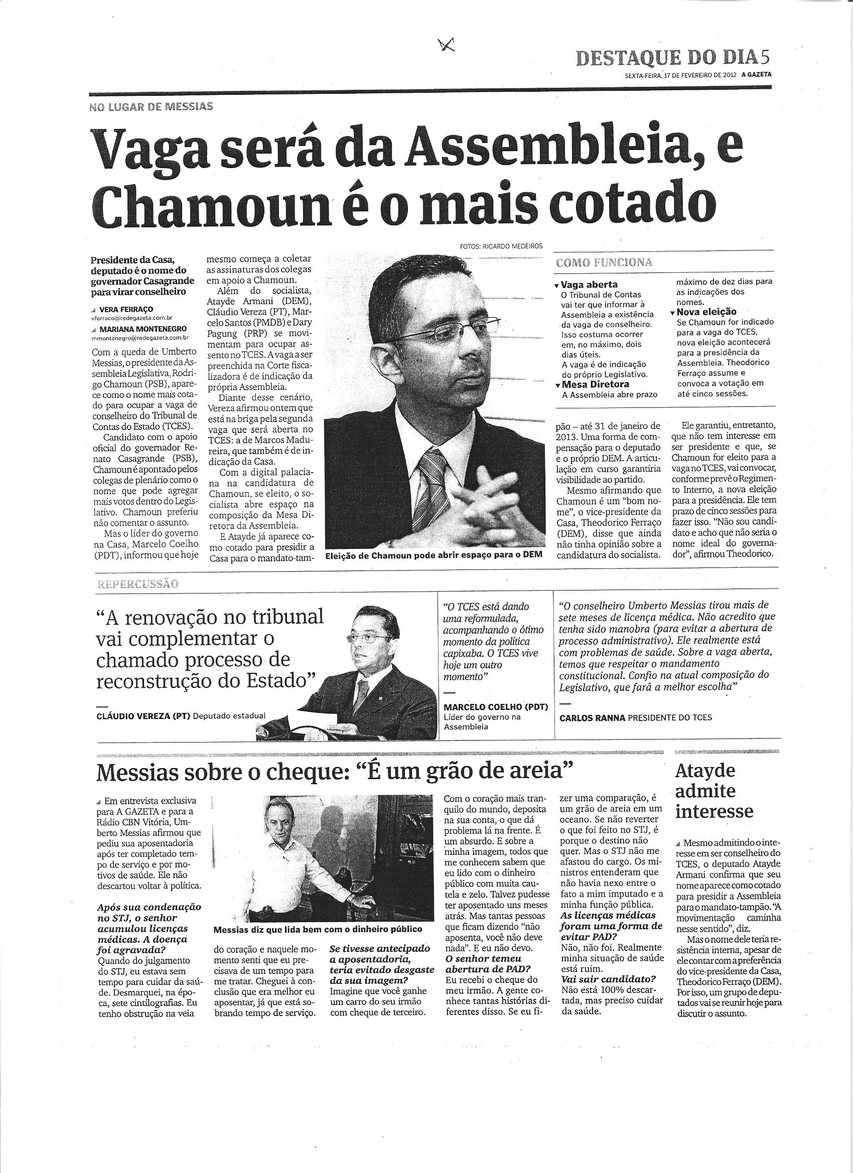 Vaga será da Assembleia, e Chamoun é o mais cotado