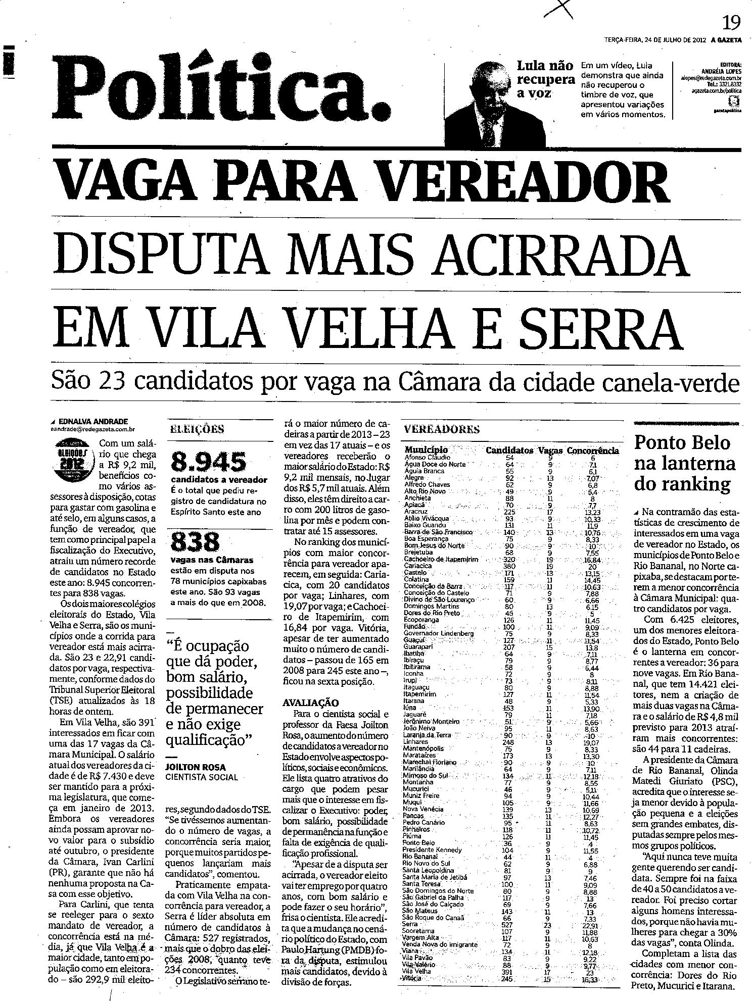 Vaga para vereador: Disputa mais acirrada em Vila Velha e Serra