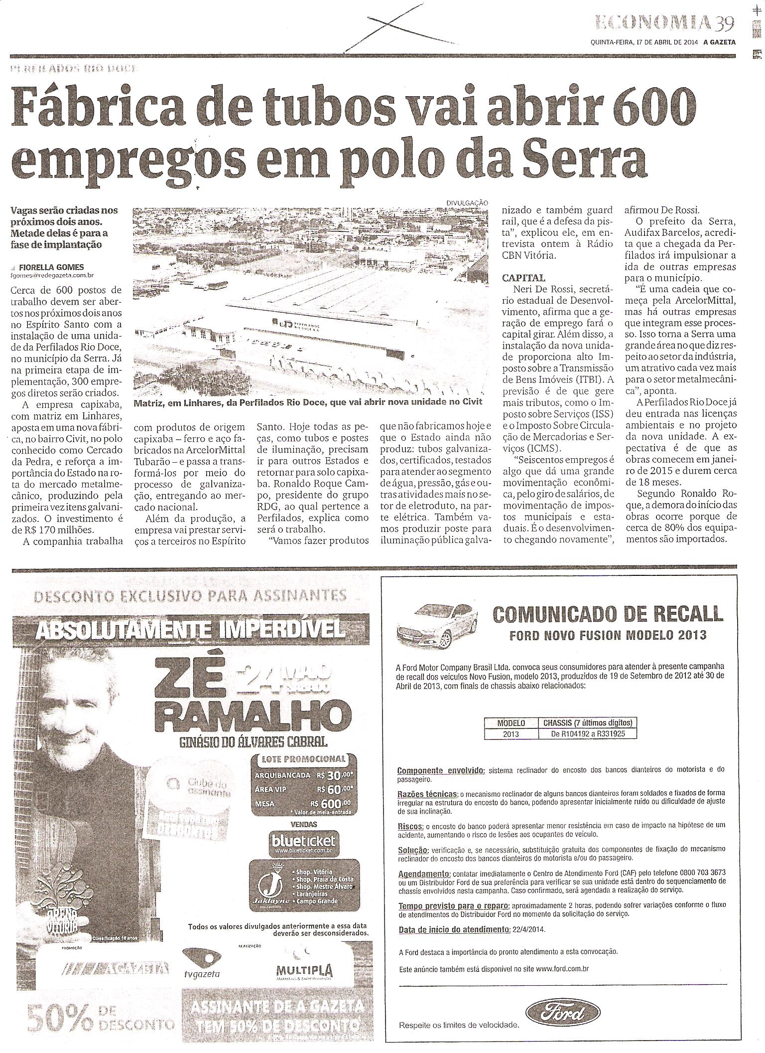 Fábrica de tubos vai abrir 600 empregos em polo da Serra