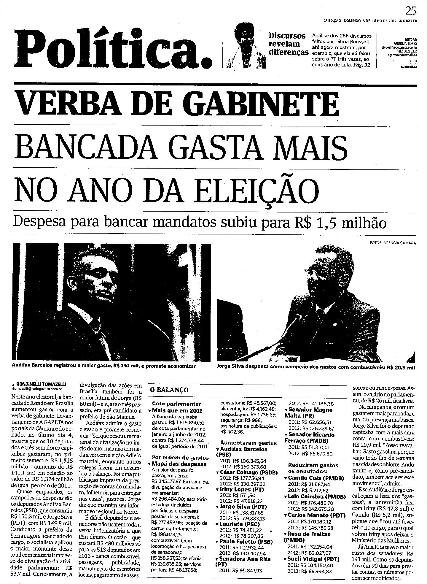 Verba de gabinete: bancada gasta mais no ano da eleição