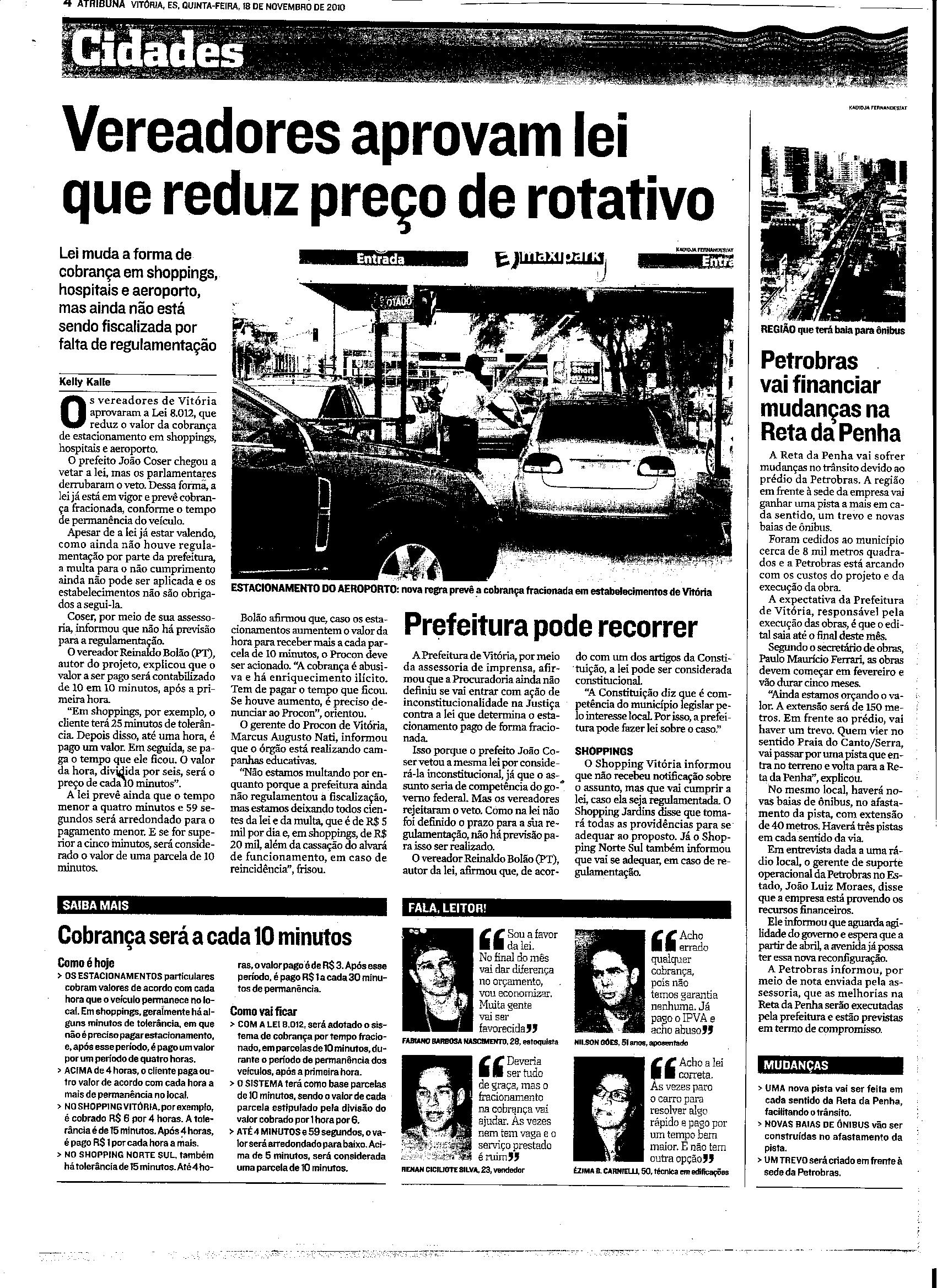 Vereadores de Vitória aprovam lei que reduz preço de rotativo