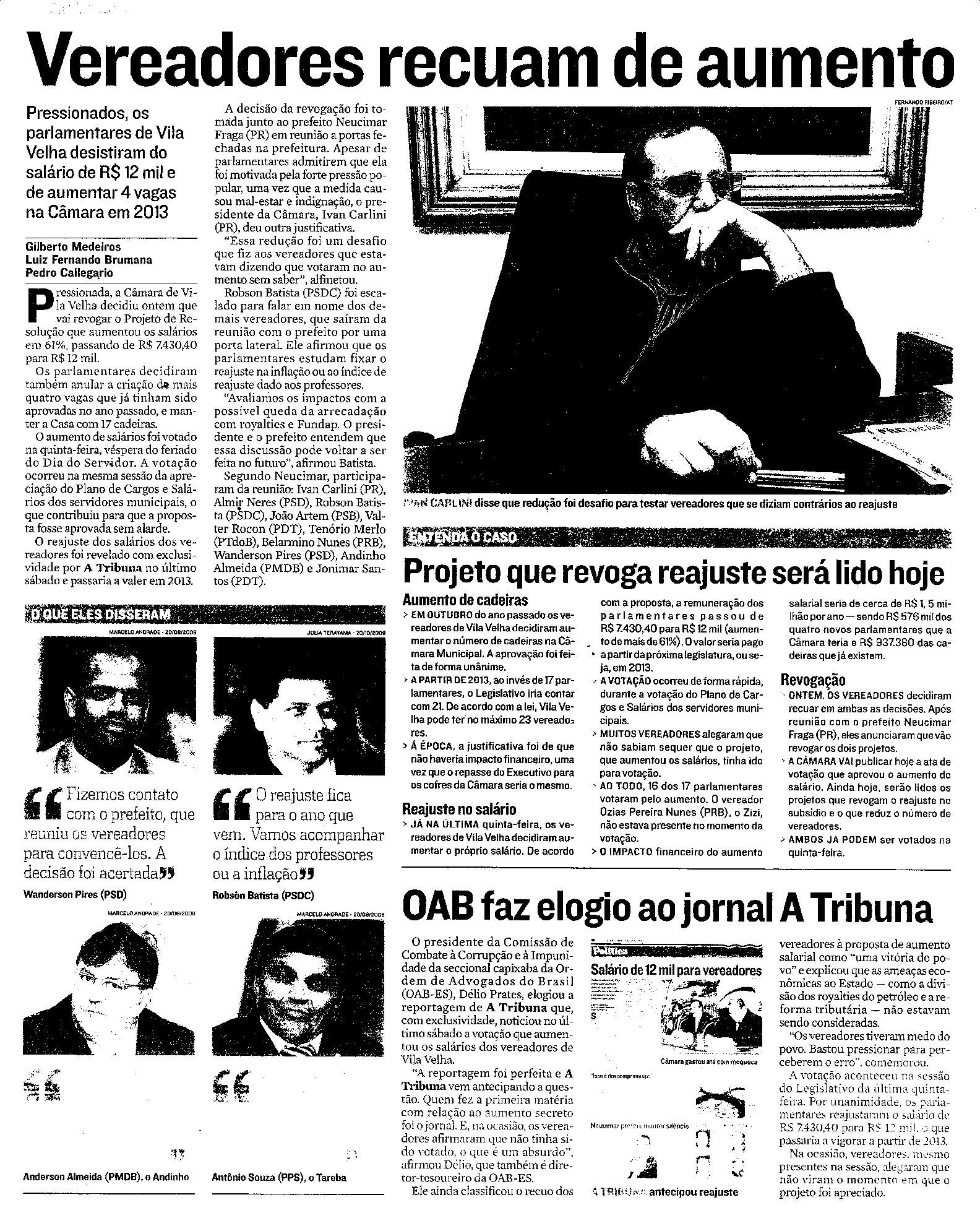 Vereadores de Vila Velha recuam aumento