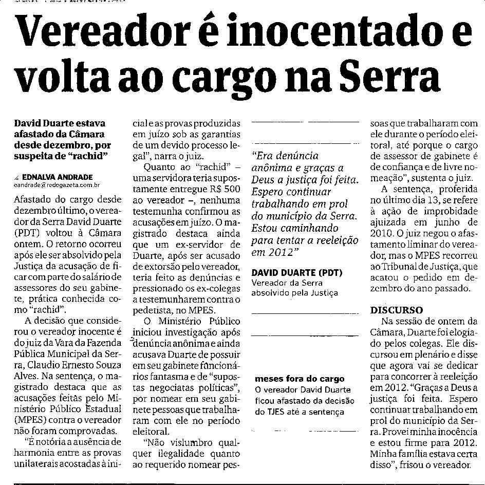 Vereador da Serra é inocentado e volta ao cargo