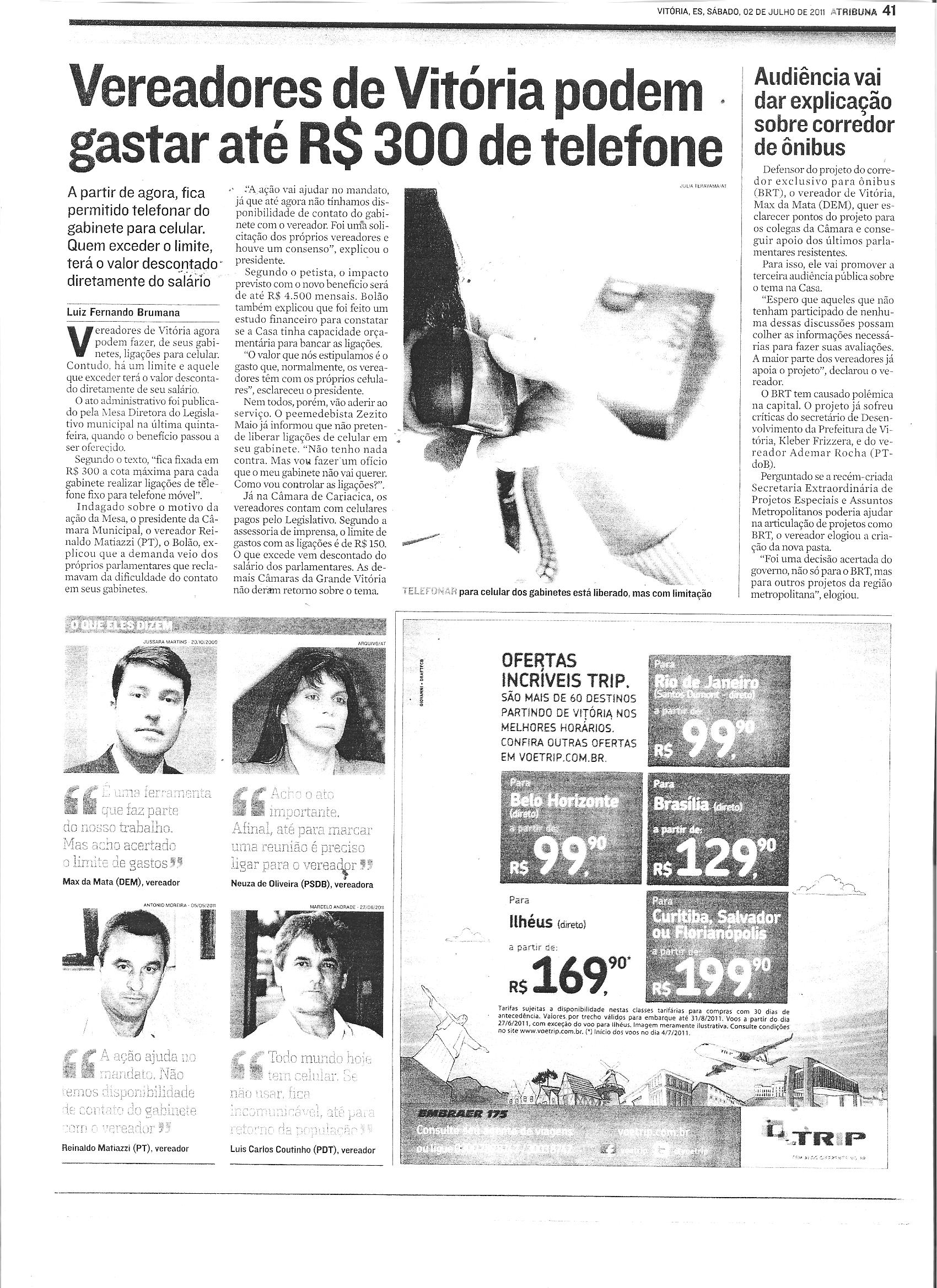 Vereadores de Vitória podem gastar até R$ 300 de telefone