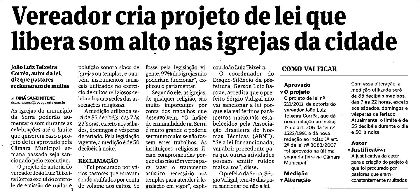 Vereador da Serra cria projeto de lei que libera som alto nas igrejas da cidade