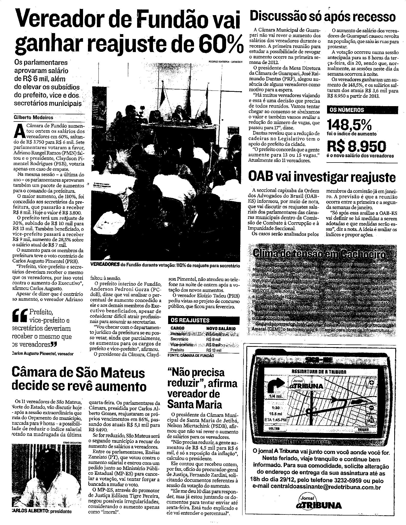 Vereador de Fundão vai ganhar reajuste de 60%
