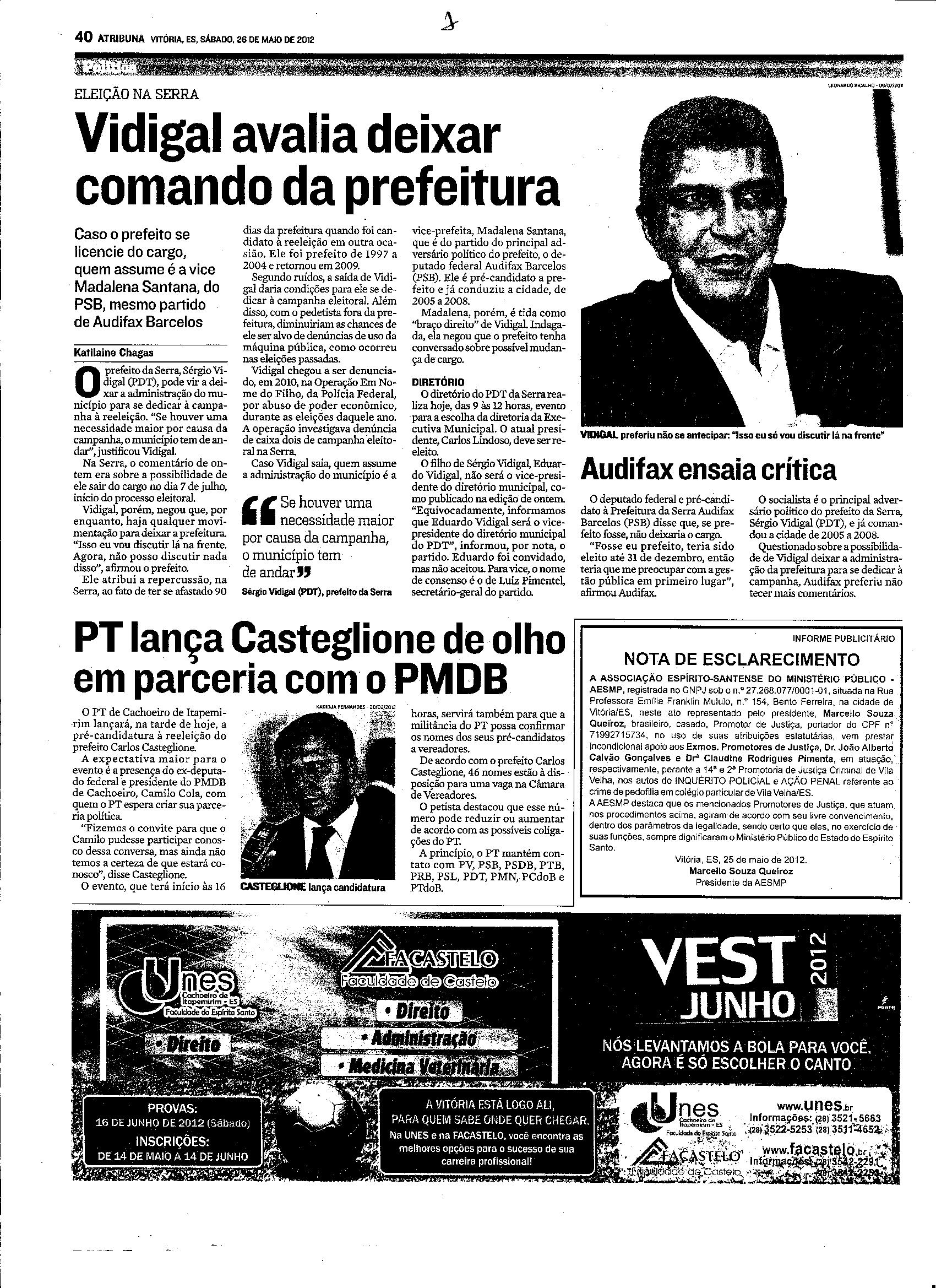 Vidigal avalia deixar comando da prefeitura