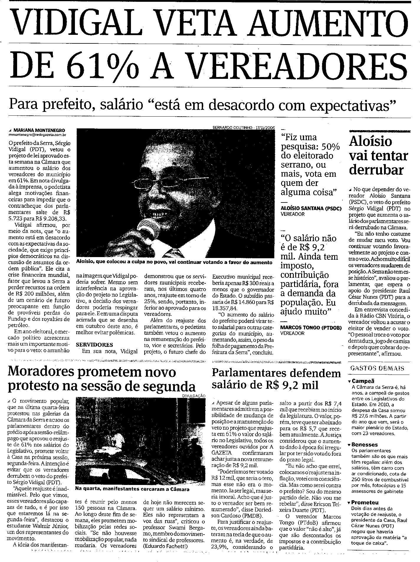 Vidigal veta aumento de 61% a vereadores